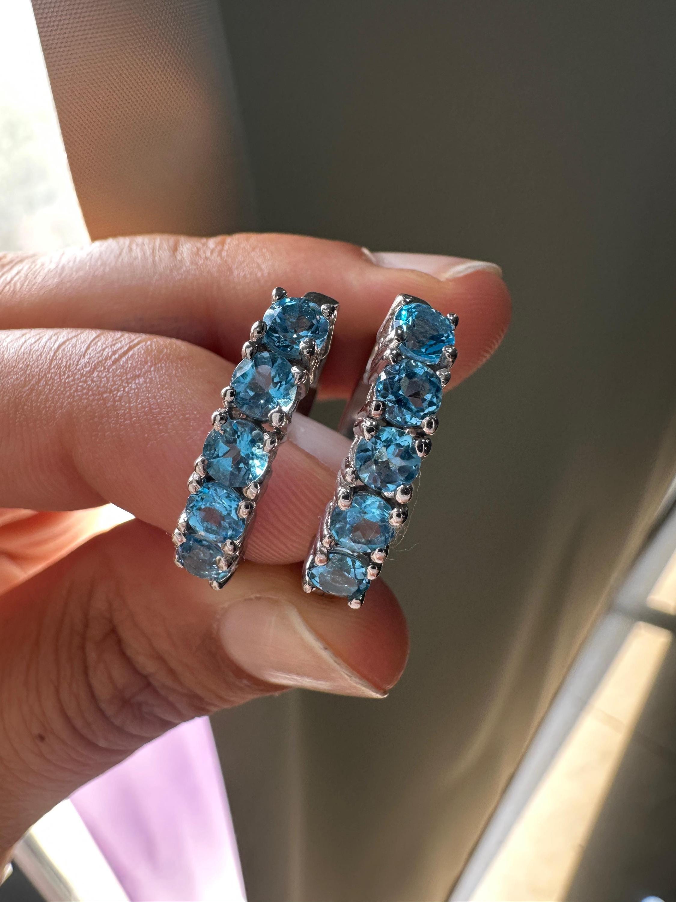 Natural Blue Topaz Huggie Hoop Earrings 14K White Gold | Fine Jewelry Gift for Her