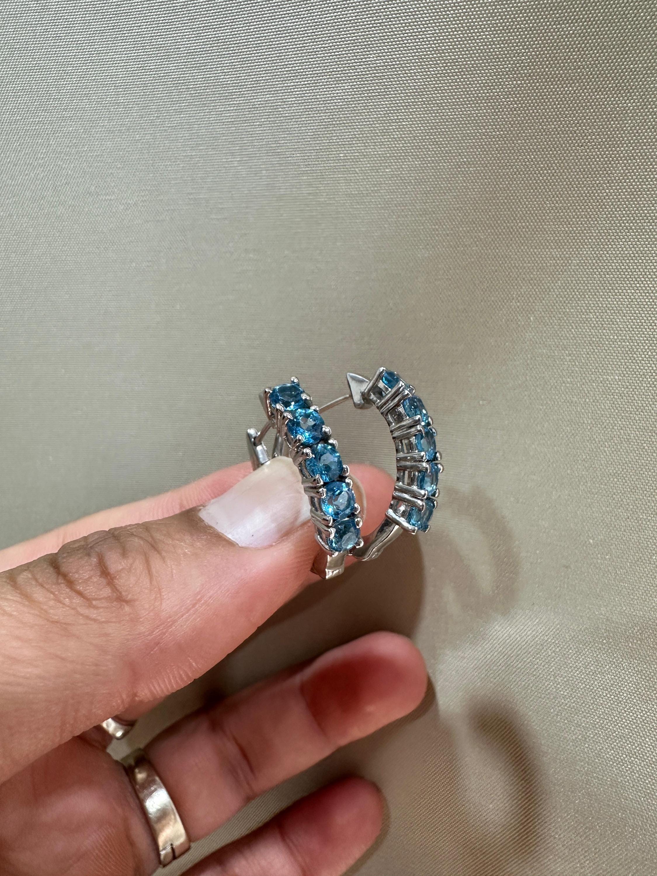 Natural Blue Topaz Huggie Hoop Earrings 14K White Gold | Fine Jewelry Gift for Her