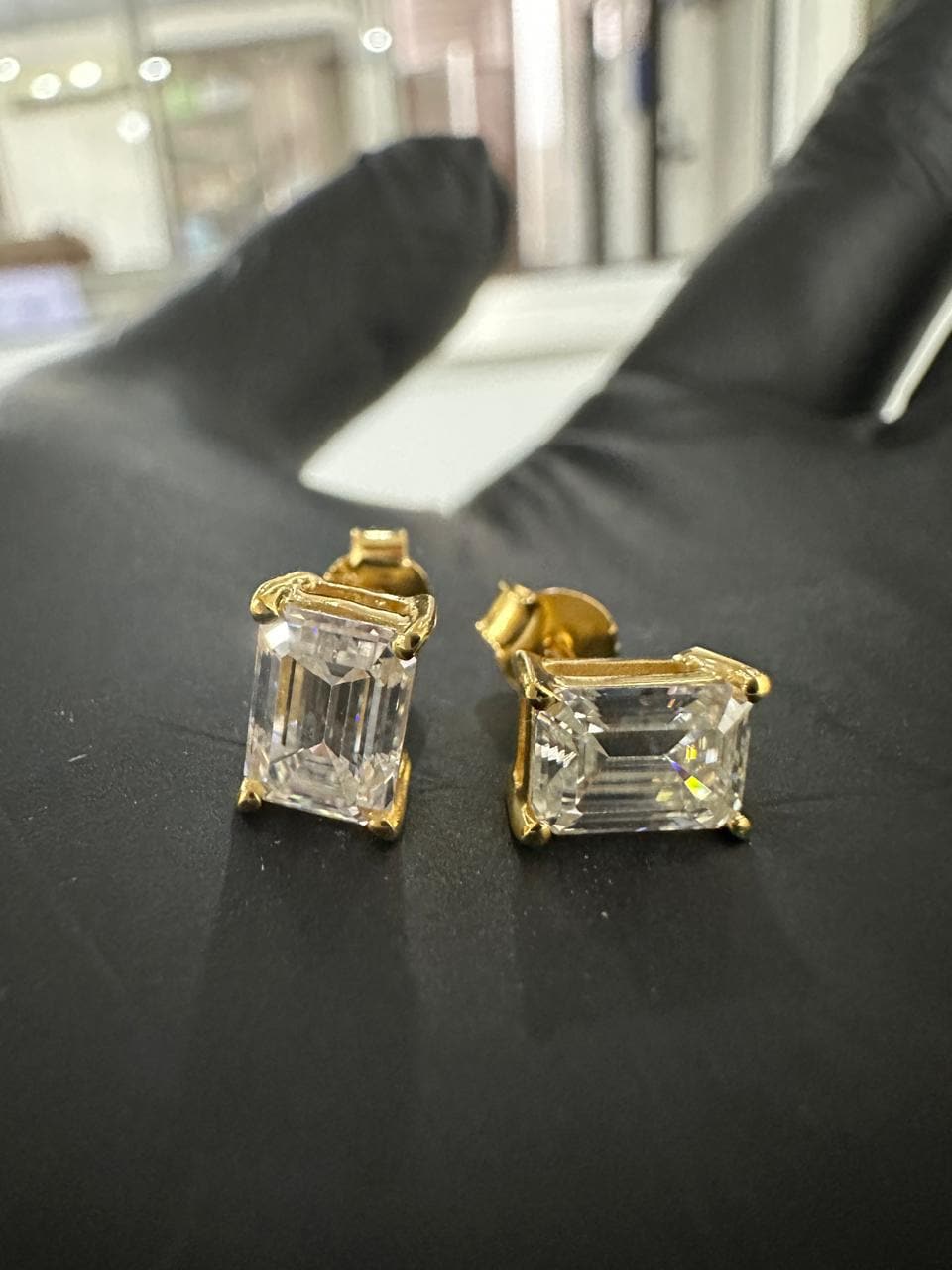 Emerald Cut Lab Diamond Stud Earrings | 18K Yellow Gold, E VS1, IGI Certified