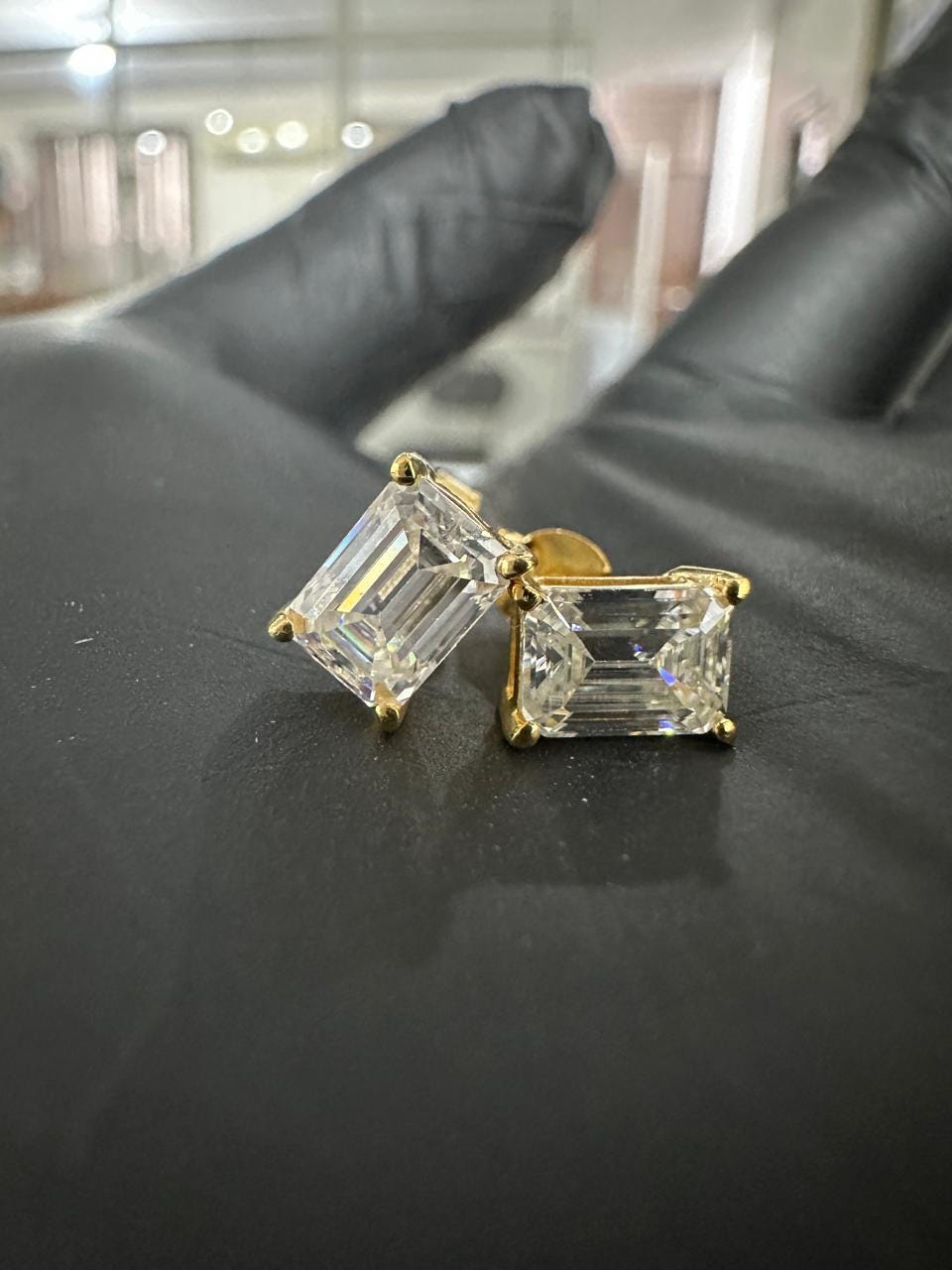 Emerald Cut Lab Diamond Stud Earrings | 18K Yellow Gold, E VS1, IGI Certified