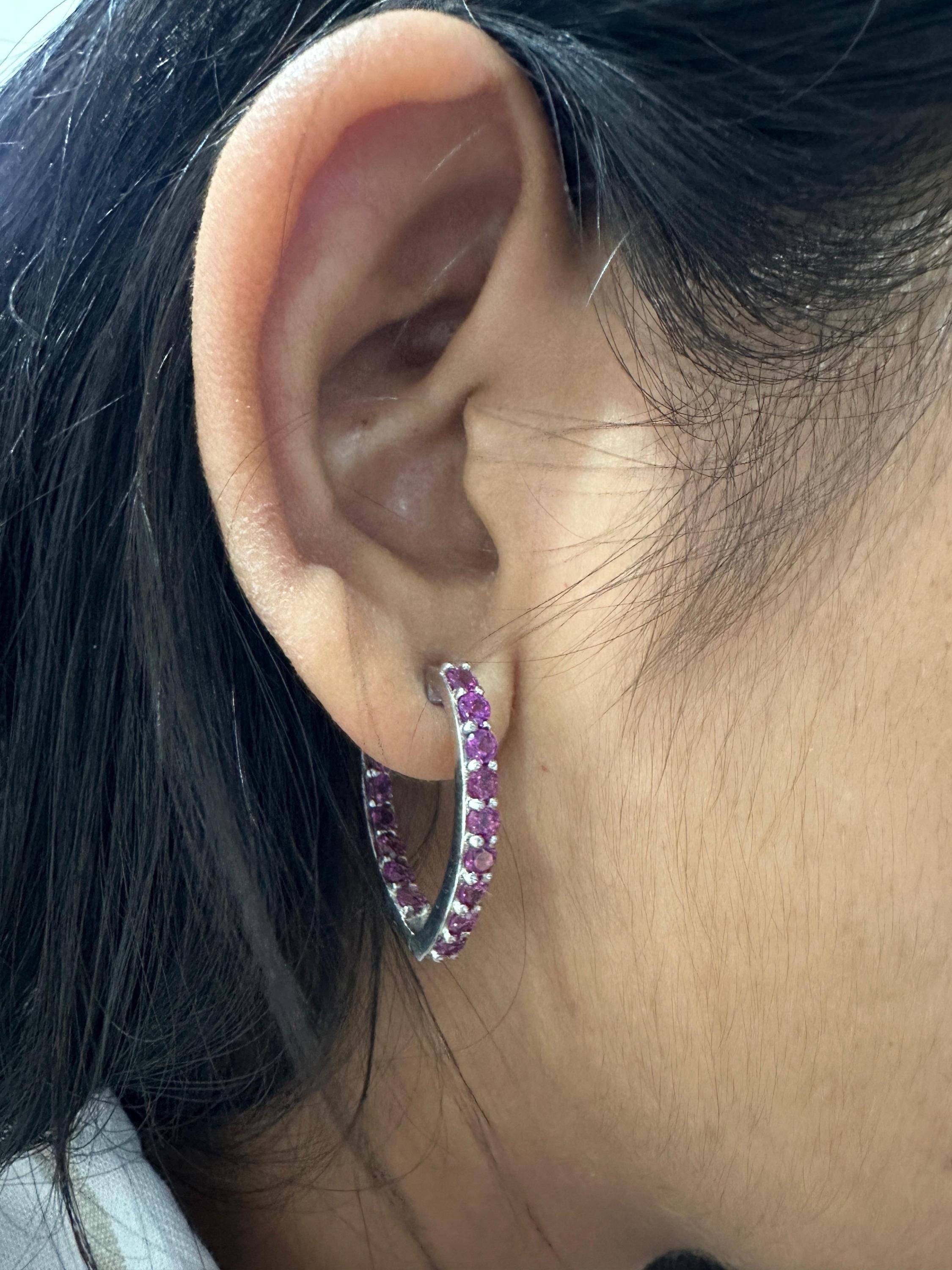 Rhodolite Inside Out Huggie Hoop Earrings | 925 Sterling Silver, Christmas Gift for her