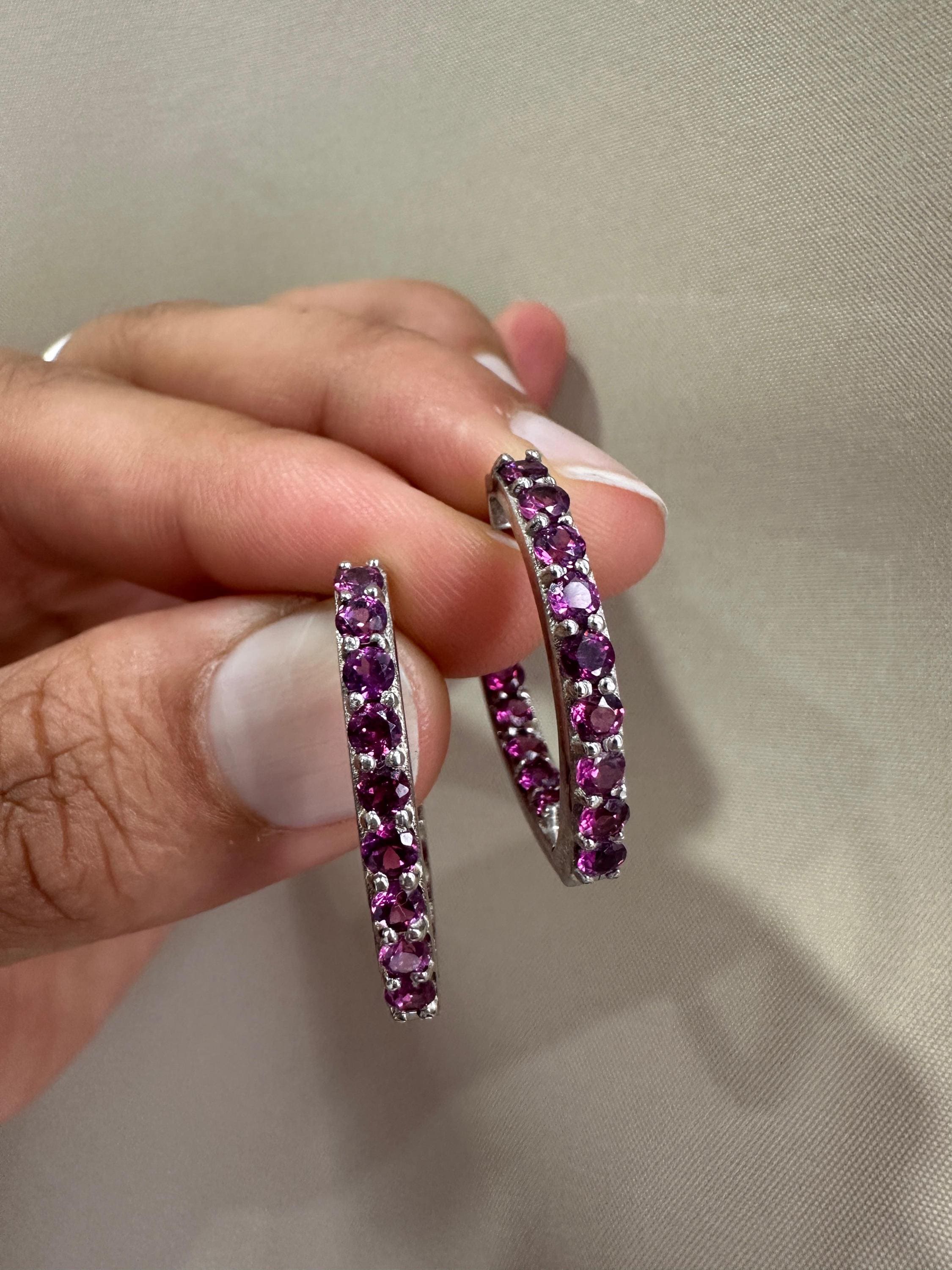 Rhodolite Inside Out Huggie Hoop Earrings | 925 Sterling Silver, Christmas Gift for her