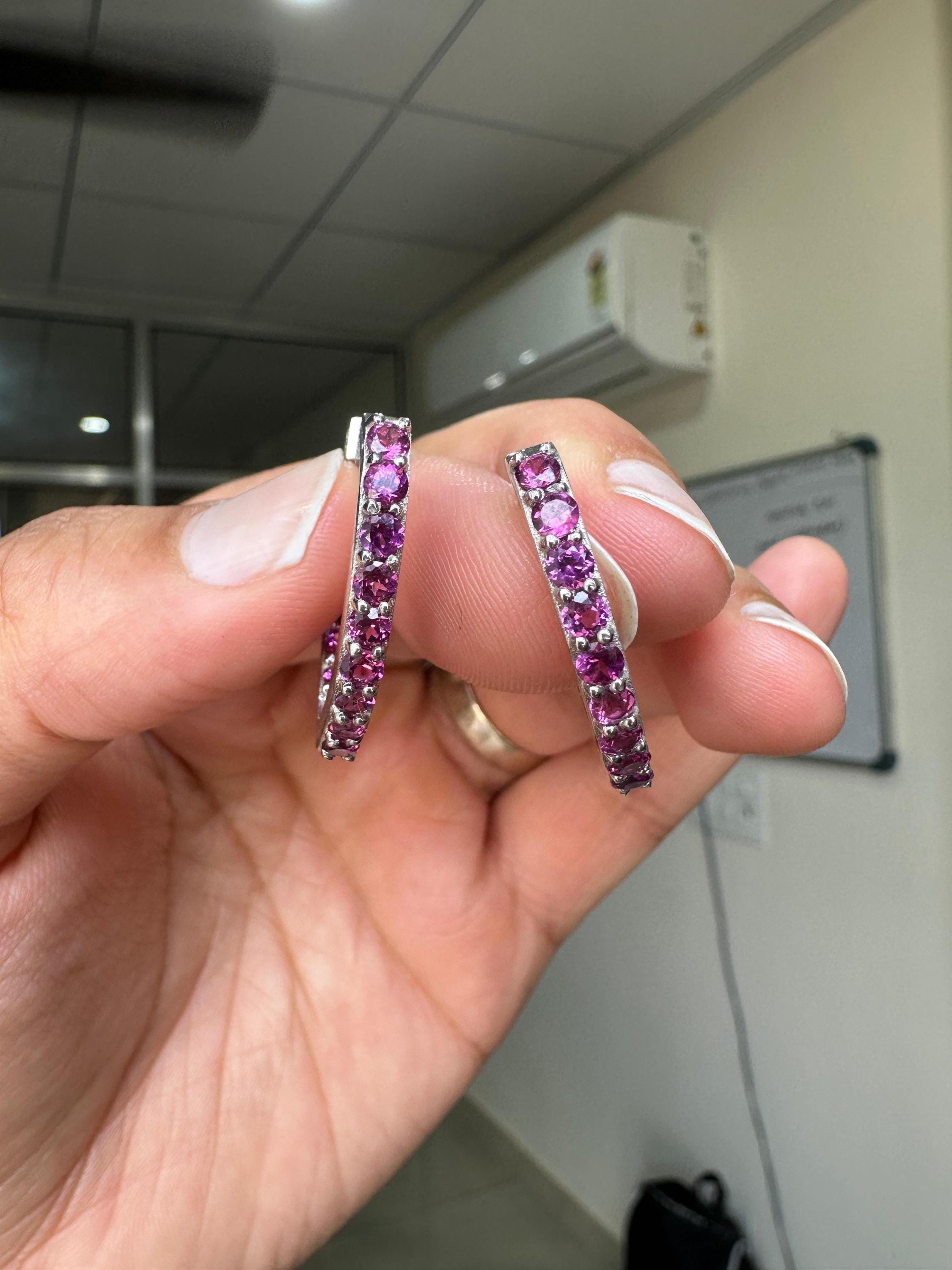 Rhodolite Inside Out Huggie Hoop Earrings | 925 Sterling Silver, Christmas Gift for her