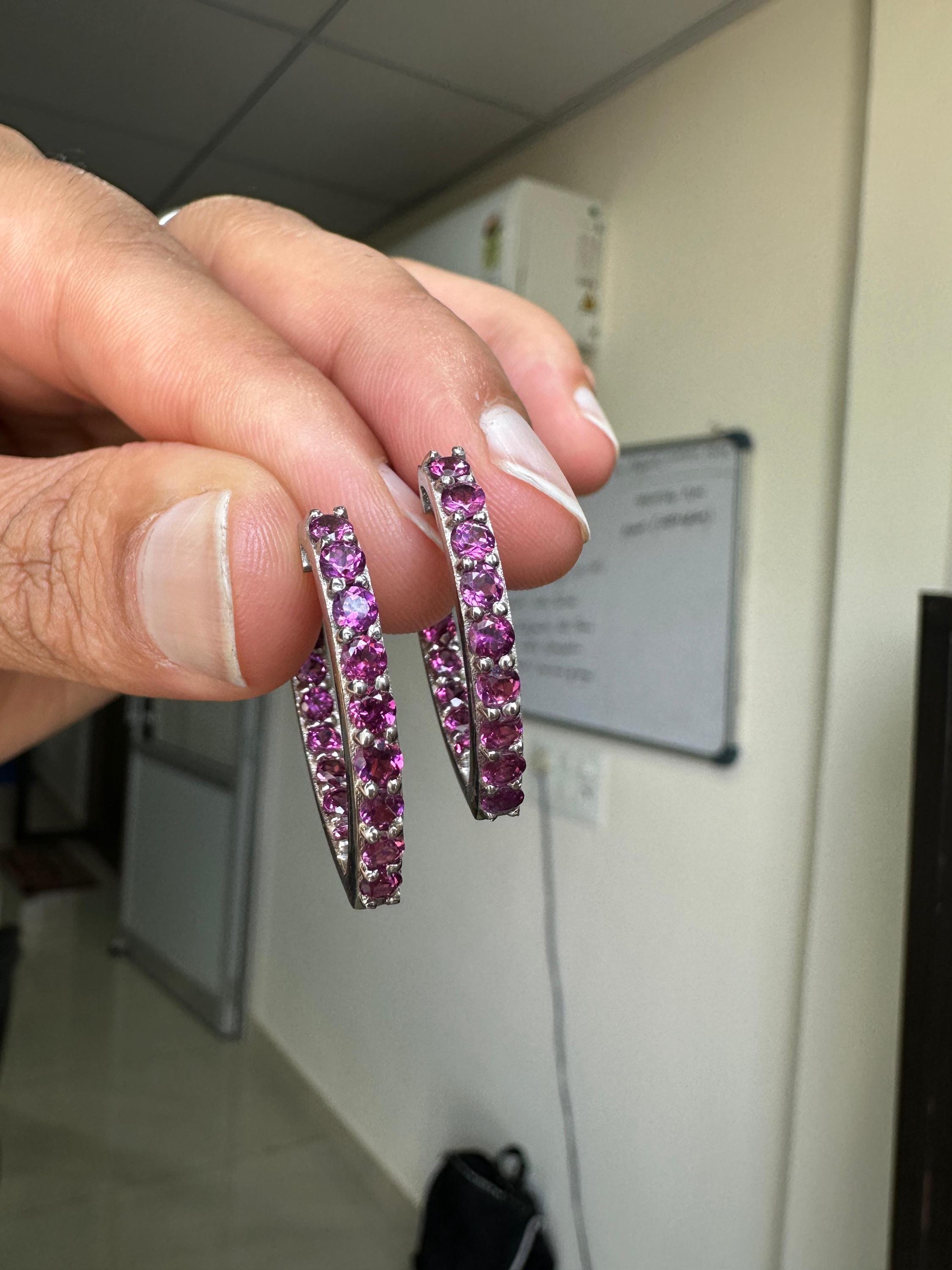 Rhodolite Inside Out Huggie Hoop Earrings | 925 Sterling Silver, Christmas Gift for her