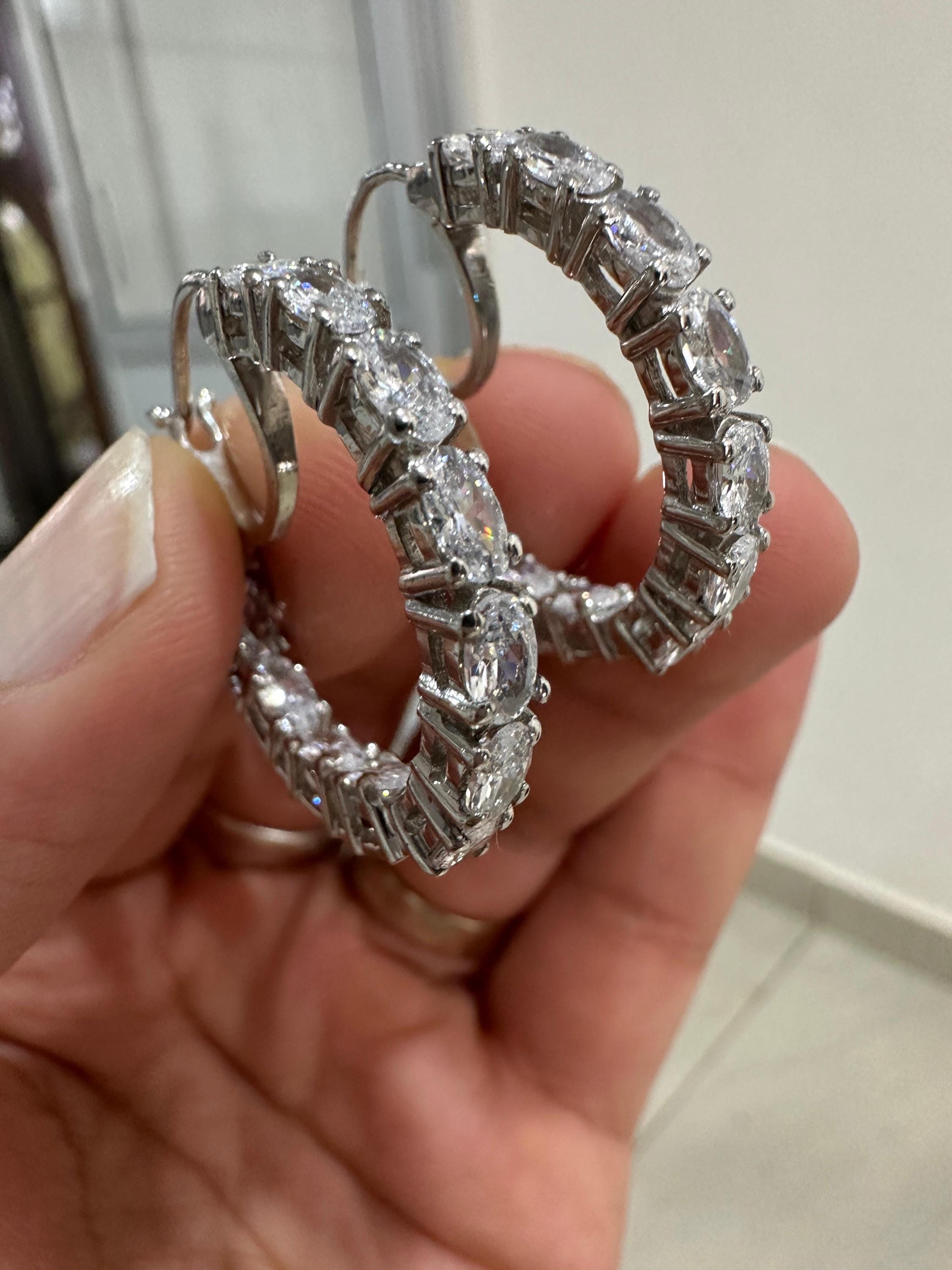 Oval Cut Moissanite Hoop Earrings | 925 Sterling Silver Inside-Out Chunky Statement