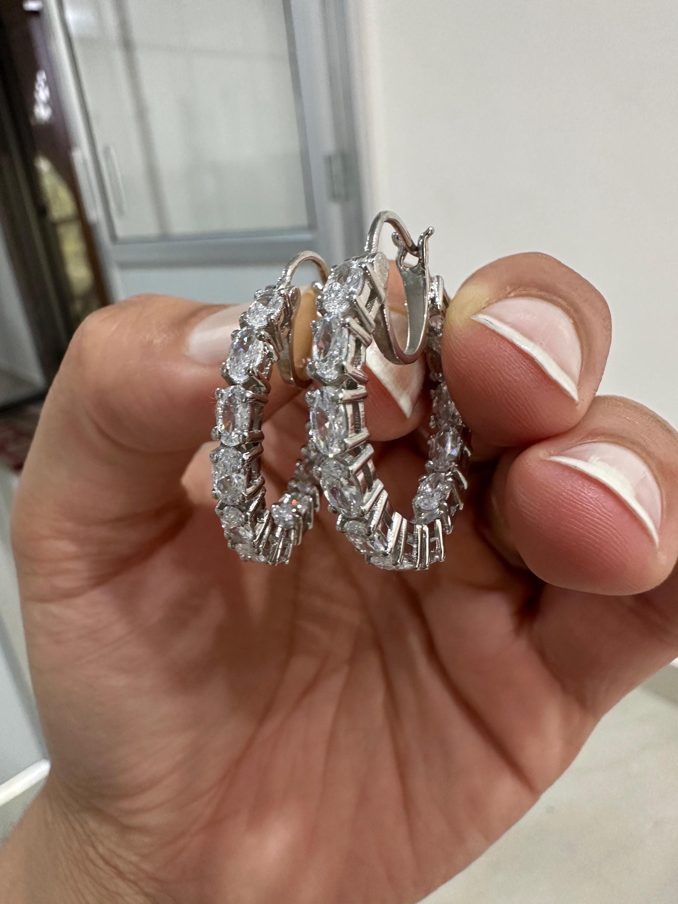 Oval Cut Moissanite Hoop Earrings | 925 Sterling Silver Inside-Out Chunky Statement