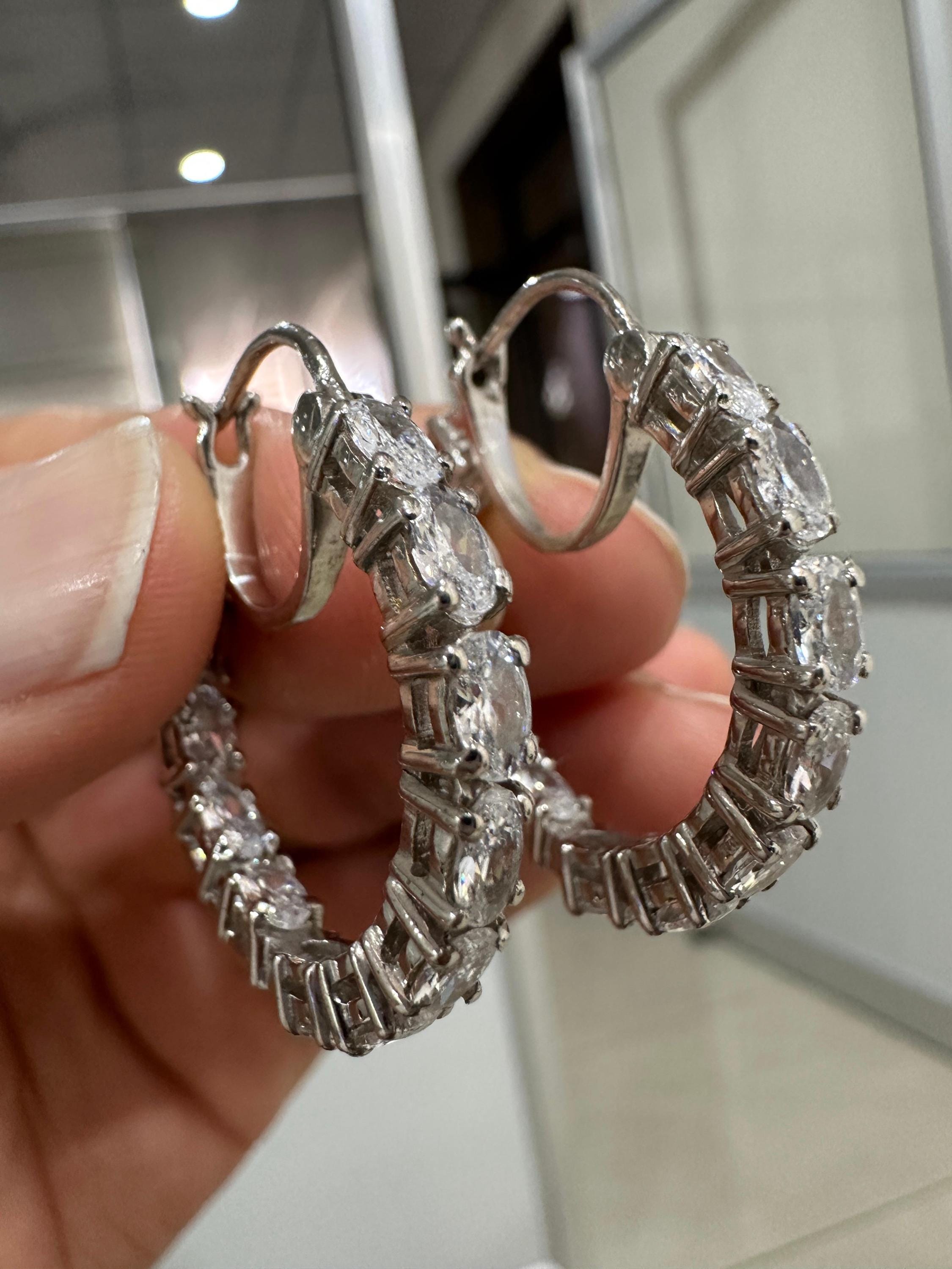 Oval Cut Moissanite Hoop Earrings | 925 Sterling Silver Inside-Out Chunky Statement