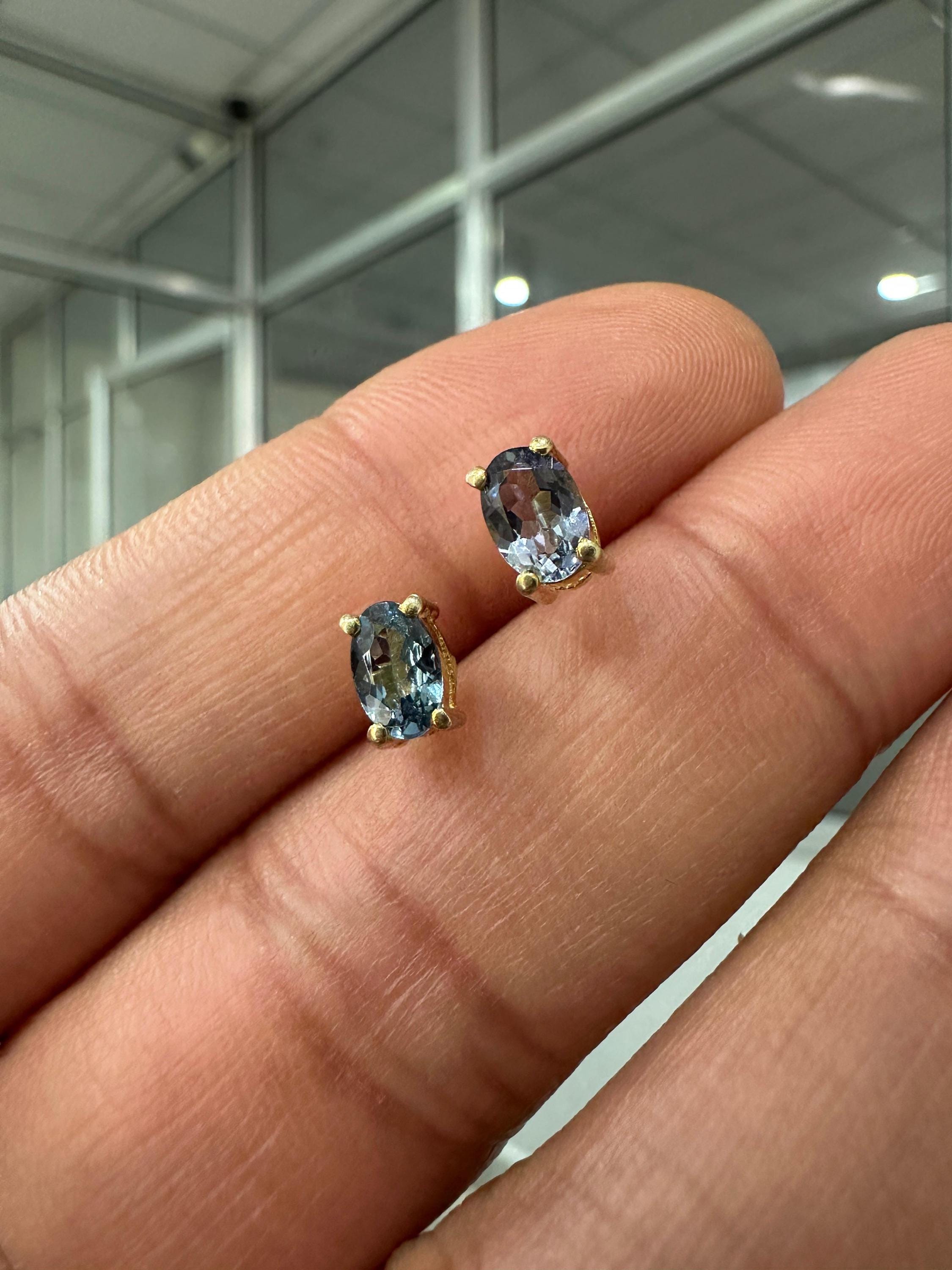 Oval London Blue Topaz Stud Earrings | 14K Yellow Gold, December Birthstone
