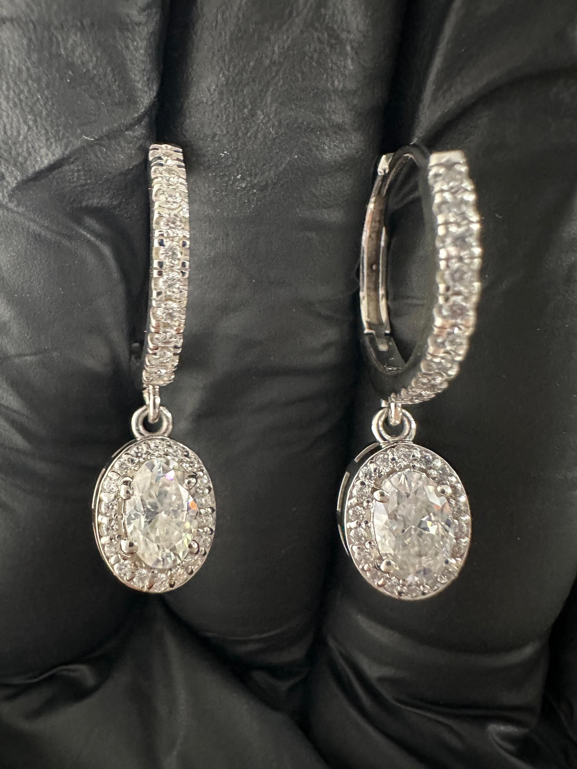 Oval Moissanite Halo Drop Hoop Earrings | 14k Gold Vermeil, Birthday Gift for her
