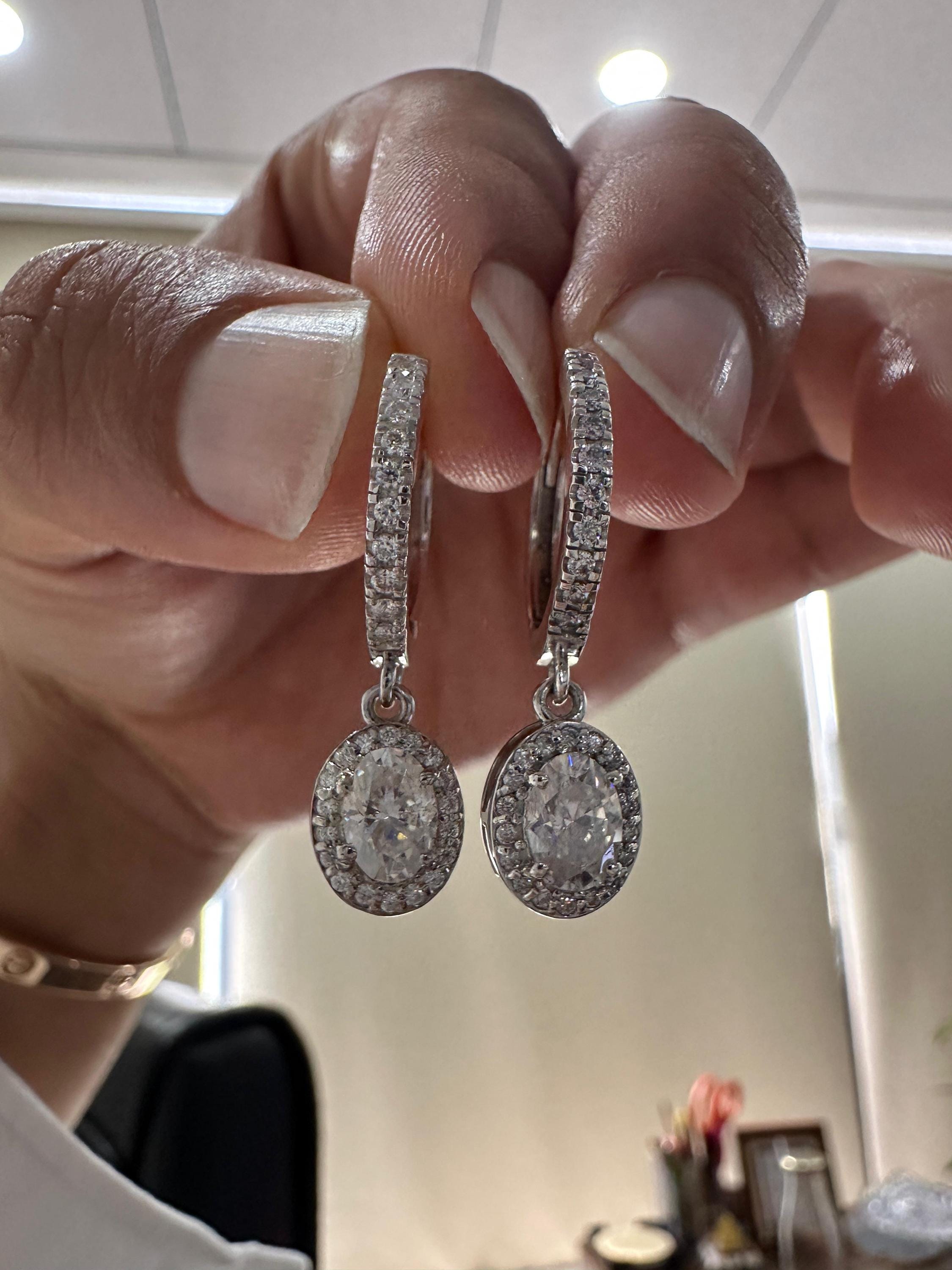 Oval Moissanite Halo Drop Hoop Earrings | 14k Gold Vermeil, Birthday Gift for her