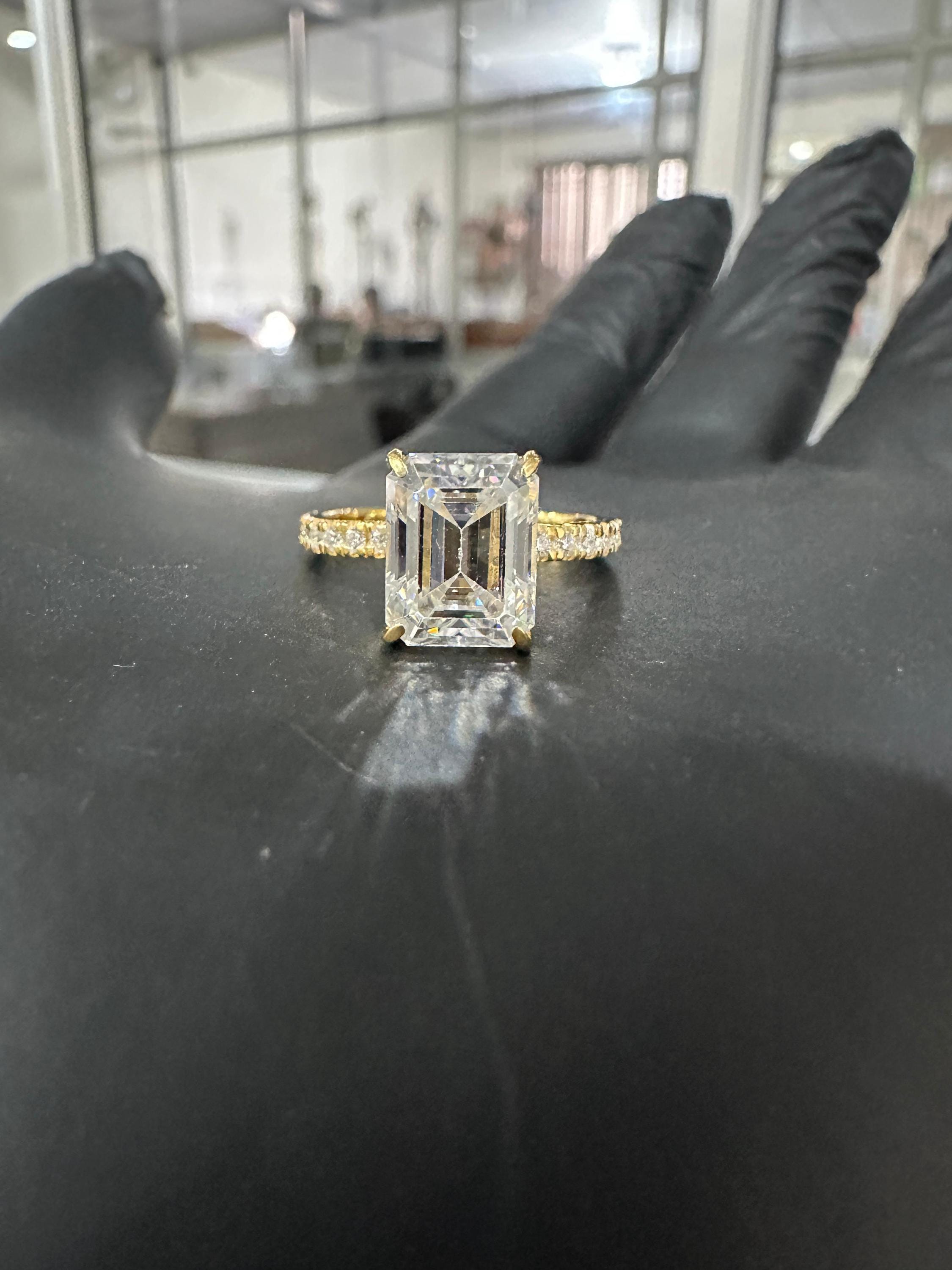 Emerald Moissanite Engagement Ring | 14K Yellow Gold Hidden Halo Pavé Band