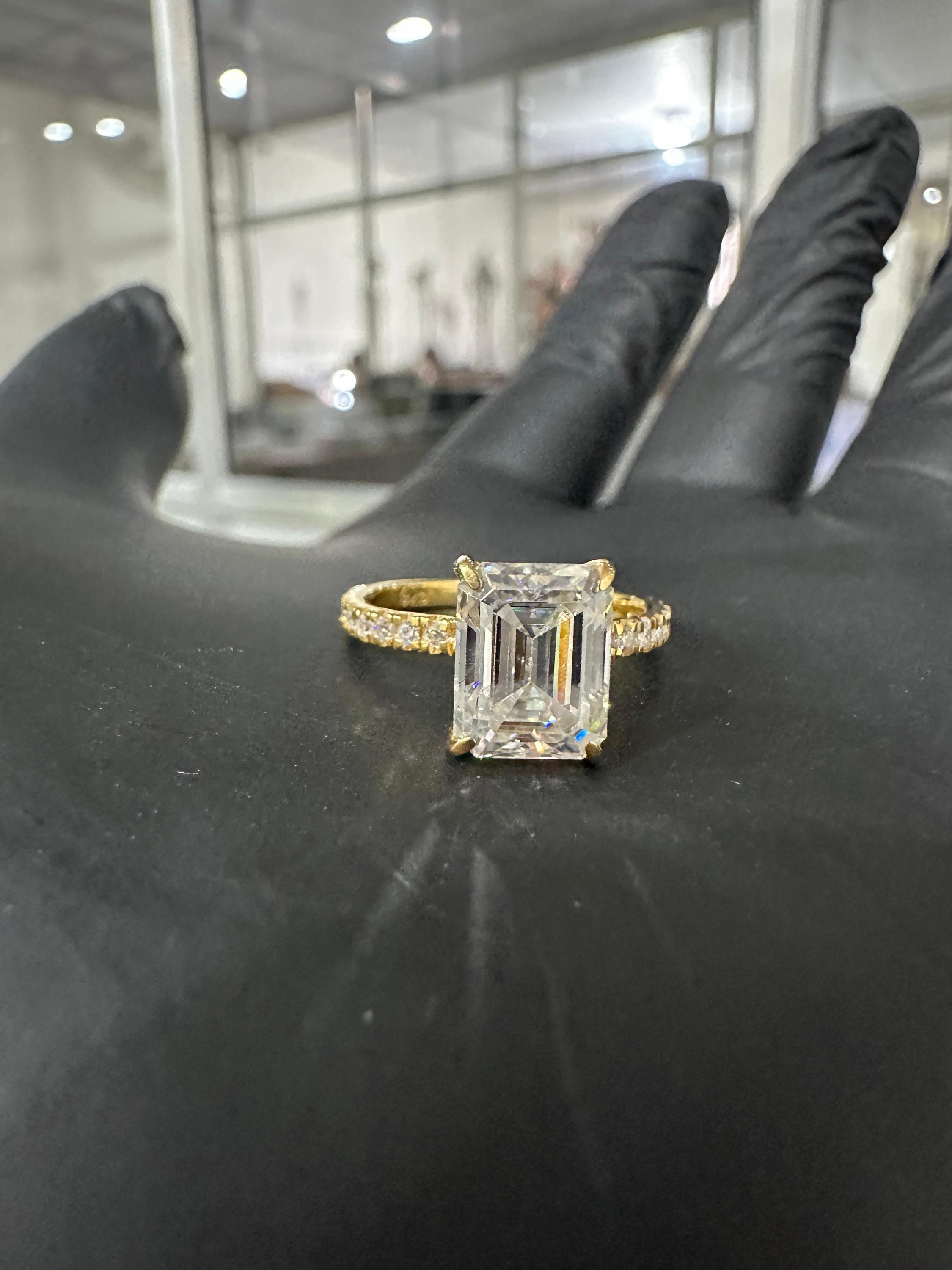 Emerald Moissanite Engagement Ring | 14K Yellow Gold Hidden Halo Pavé Band