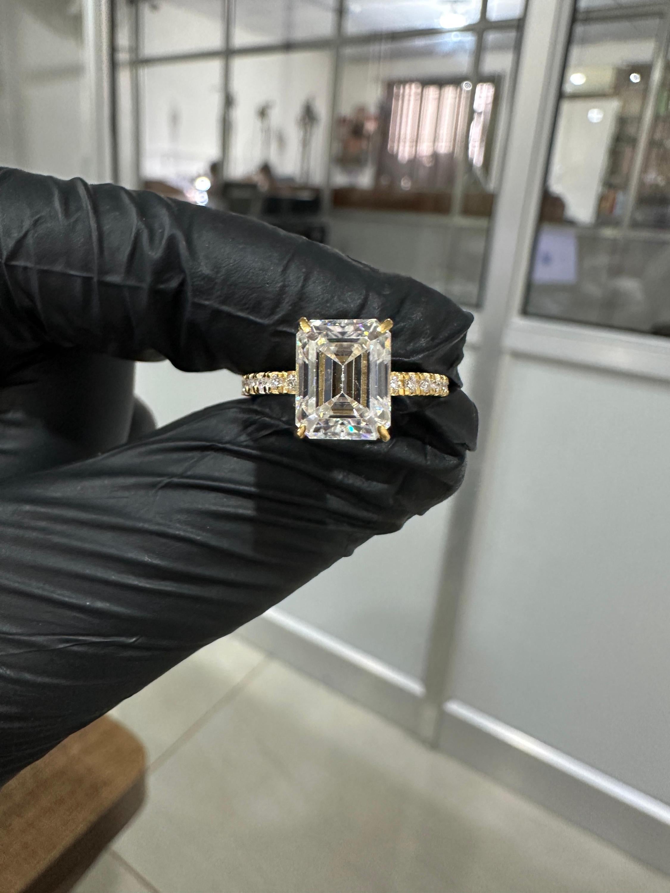 Emerald Moissanite Engagement Ring | 14K Yellow Gold Hidden Halo Pavé Band