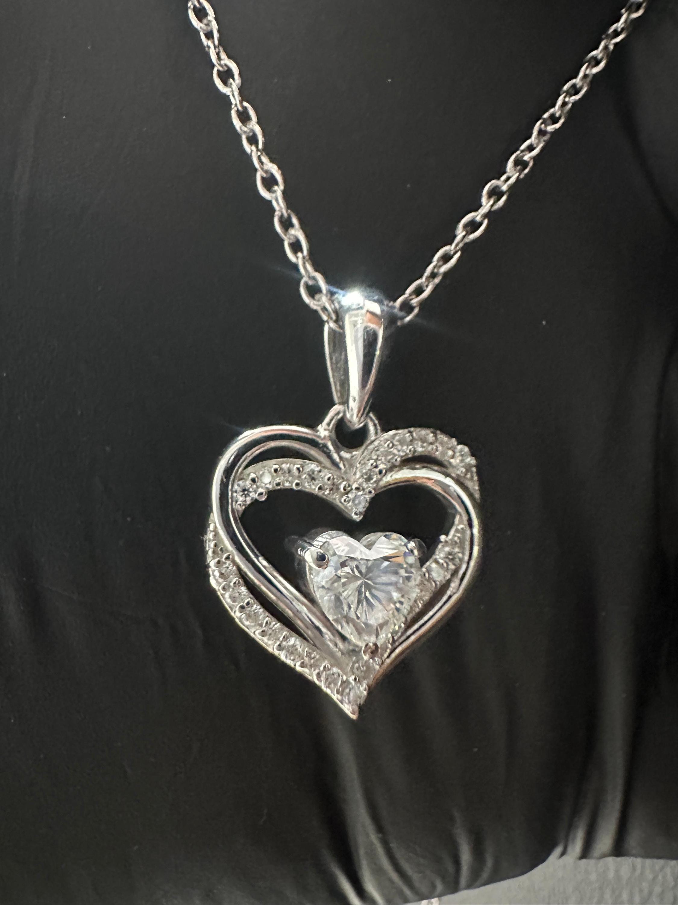 Heart Moissanite Pendant | Double Heart Halo Sterling Silver Necklace | Romantic Christmas Gift