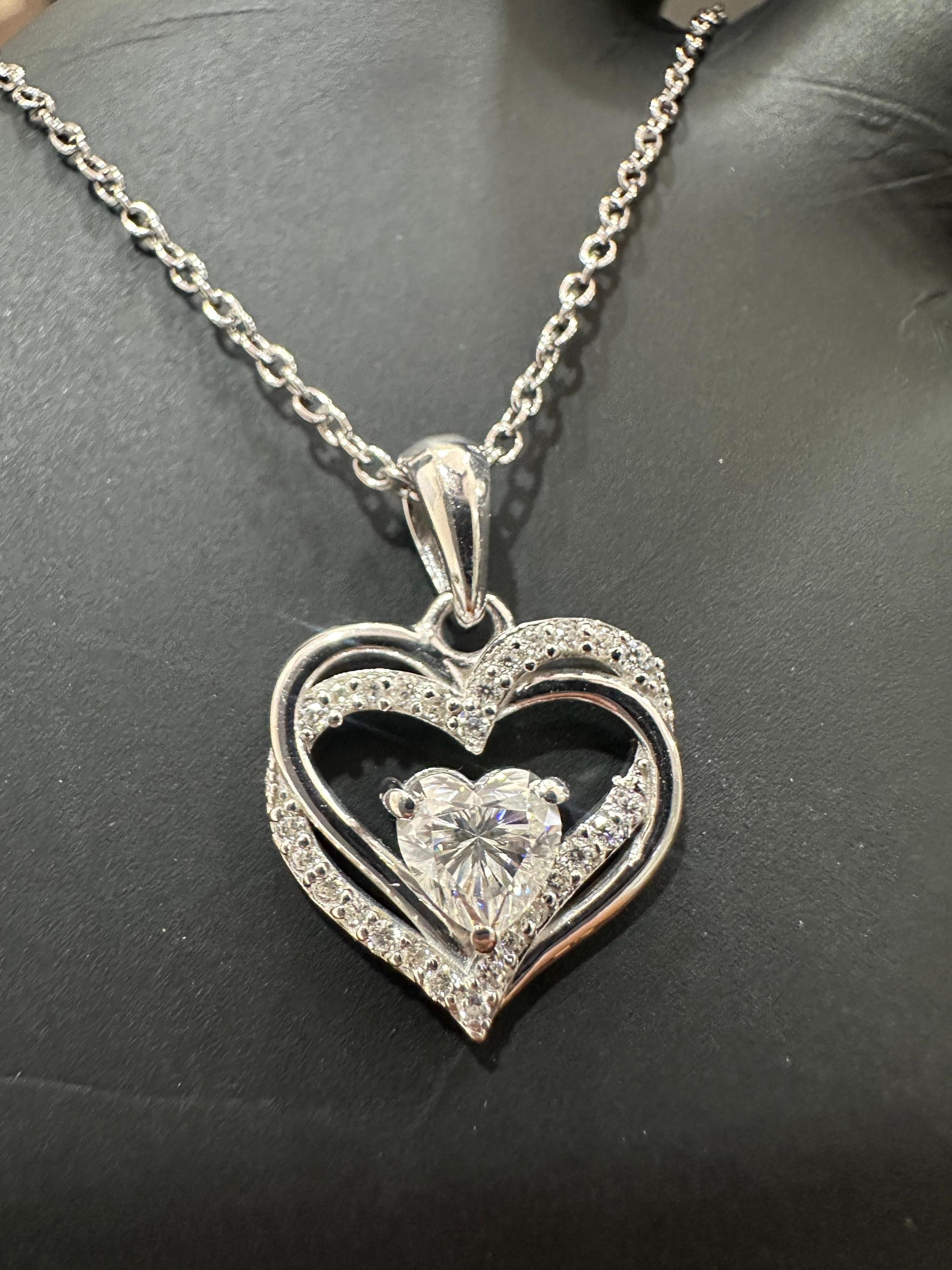 Heart Moissanite Pendant | Double Heart Halo Sterling Silver Necklace | Romantic Christmas Gift