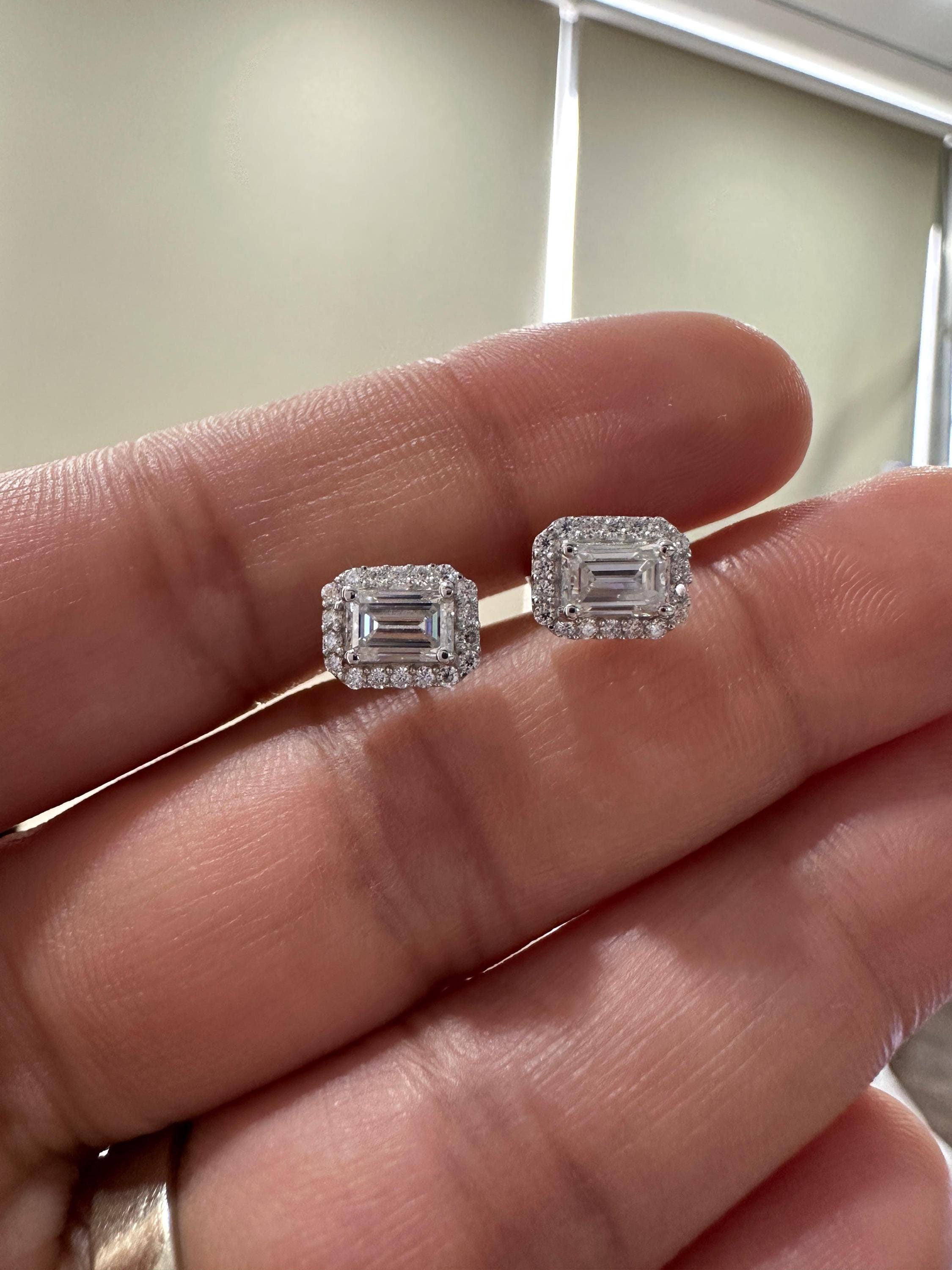 Emerald Cut Moissanite Halo Stud Earrings | 14K White Gold 2.5 CT Bridal Wedding Gift
