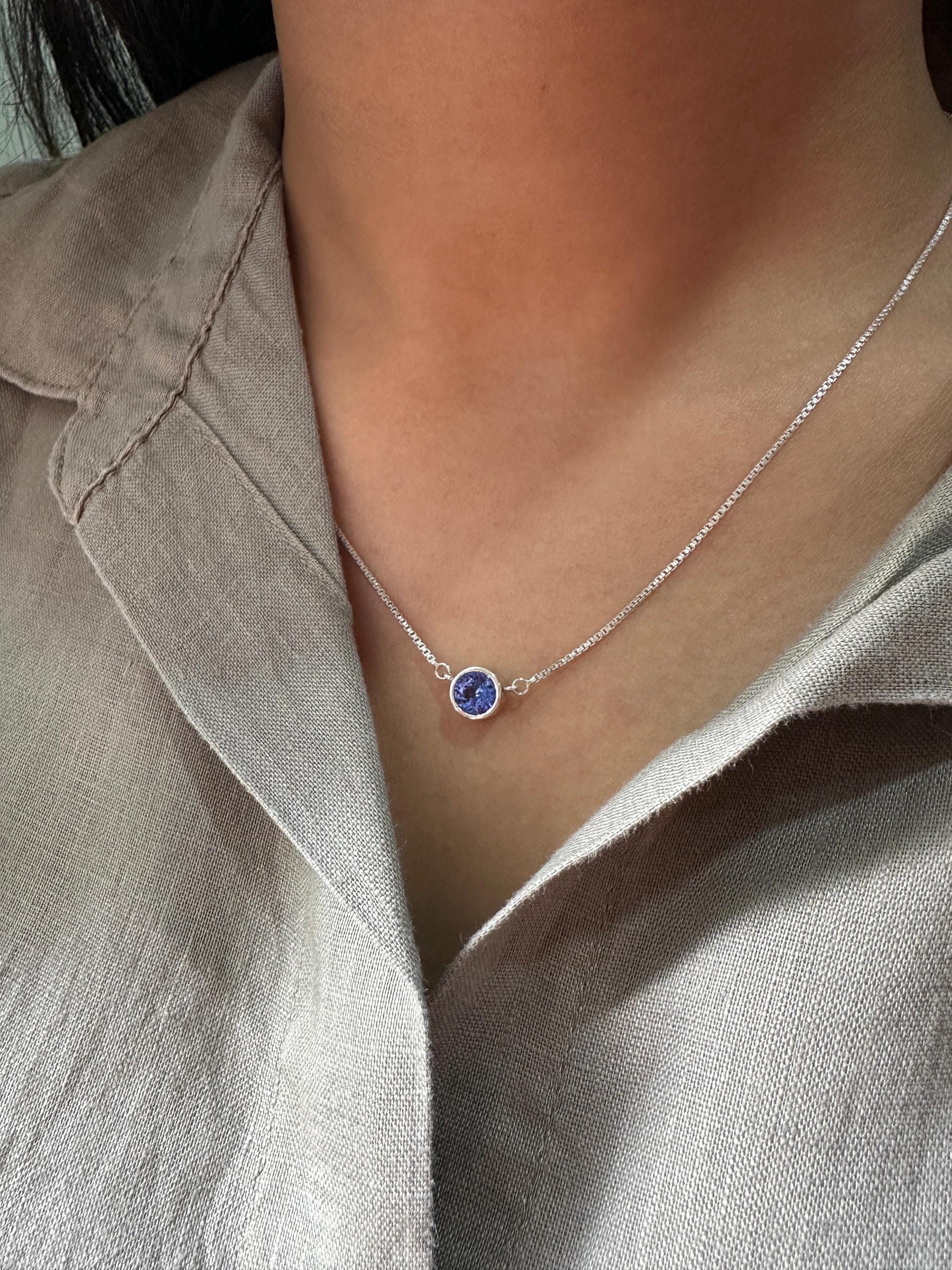 Round Bezel Set Tanzanite Pendant Necklace | 14K White Gold Blue Purple Gemstone Evil Eye