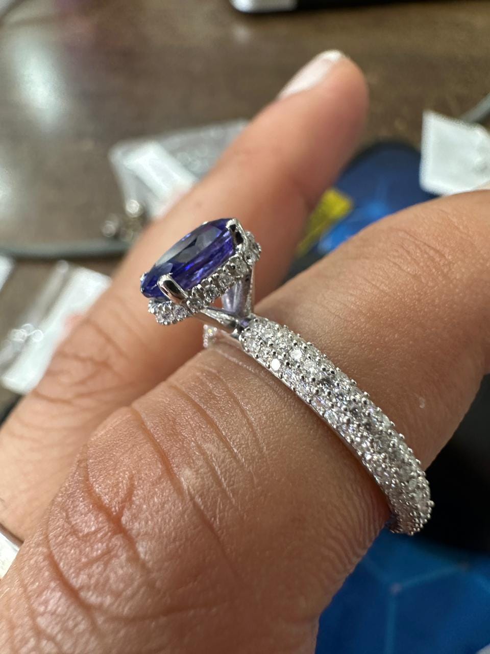 1.5 CT Oval Shape Tanzanite Hidden Halo Ring | 14K White Gold Pave Diamond Band
