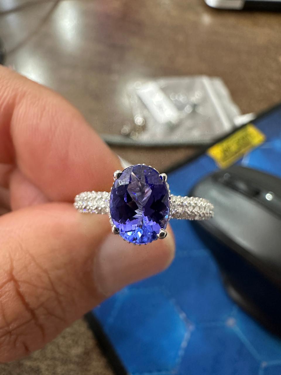 1.5 CT Oval Shape Tanzanite Hidden Halo Ring | 14K White Gold Pave Diamond Band