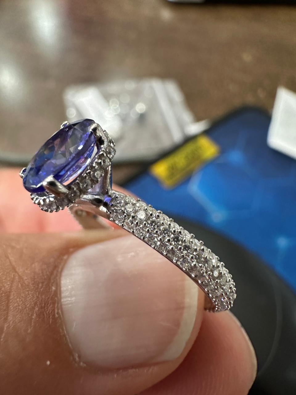 1.5 CT Oval Shape Tanzanite Hidden Halo Ring | 14K White Gold Pave Diamond Band