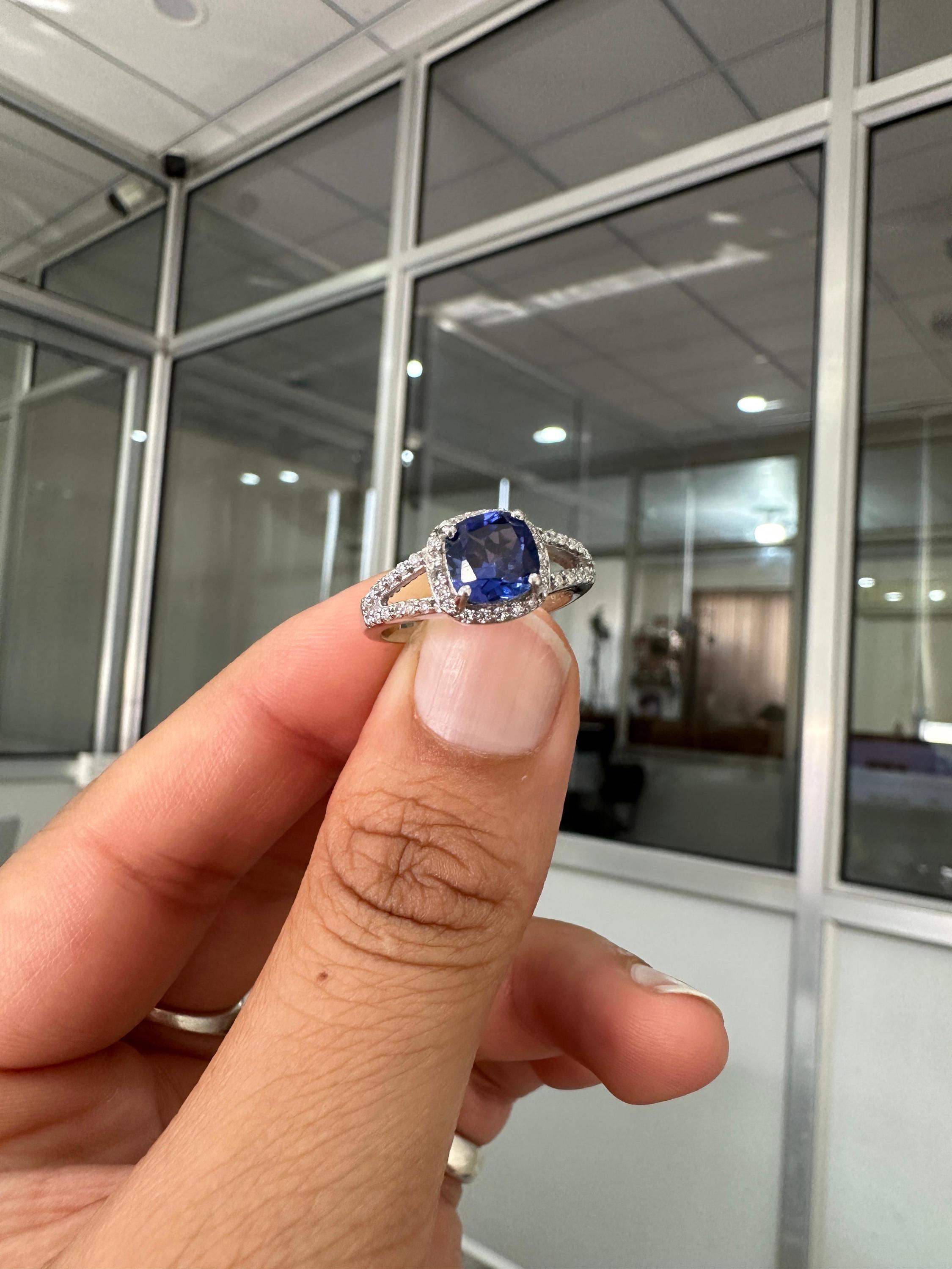 Cushion Cut Tanzanite Engagement Ring 14K White Gold Split Shank Diamond Accent Wedding Ring