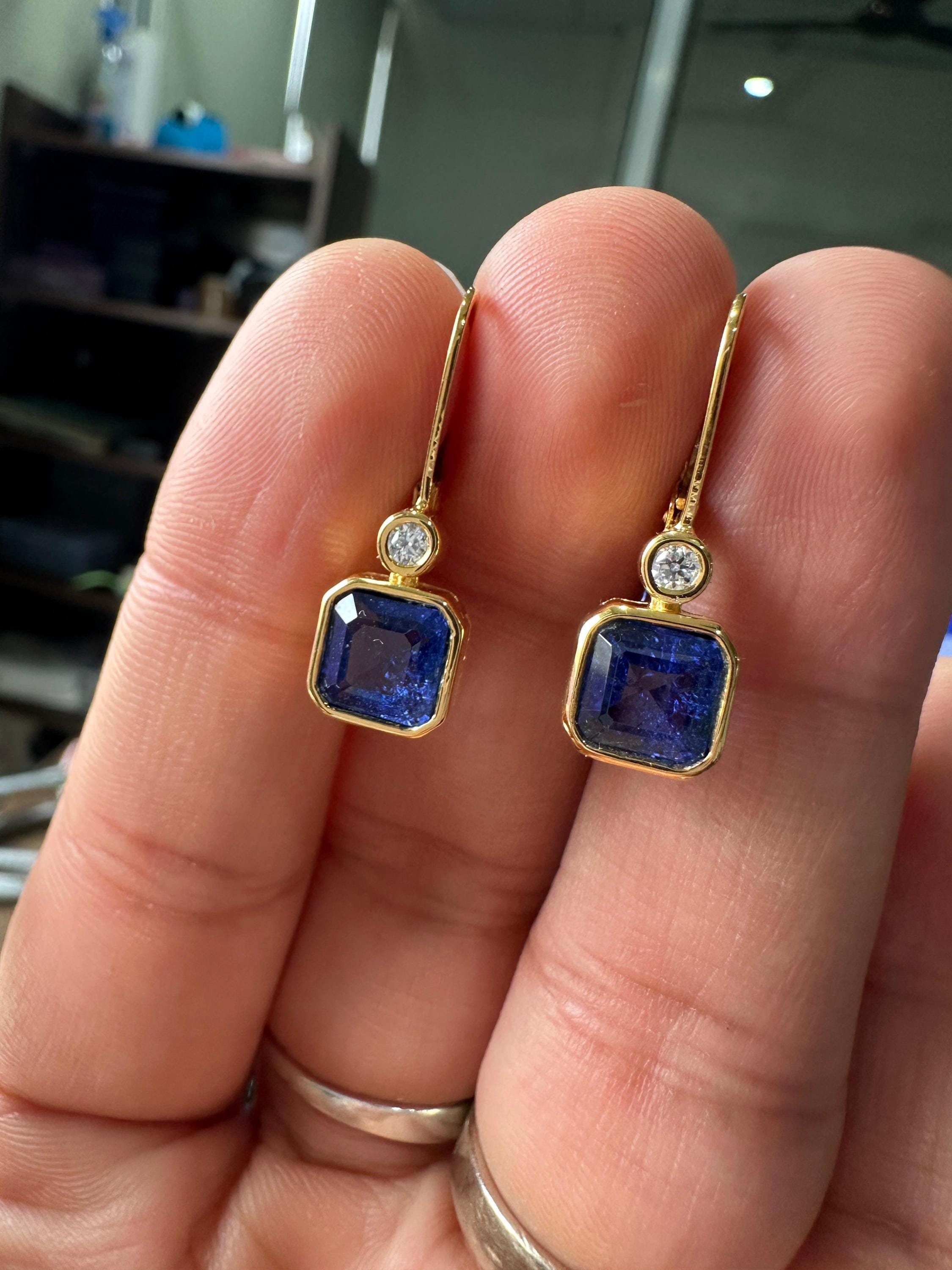 14K Gold Sapphire Diamond Earrings, Bezel Set Asscher Cut Lever Back Earrings