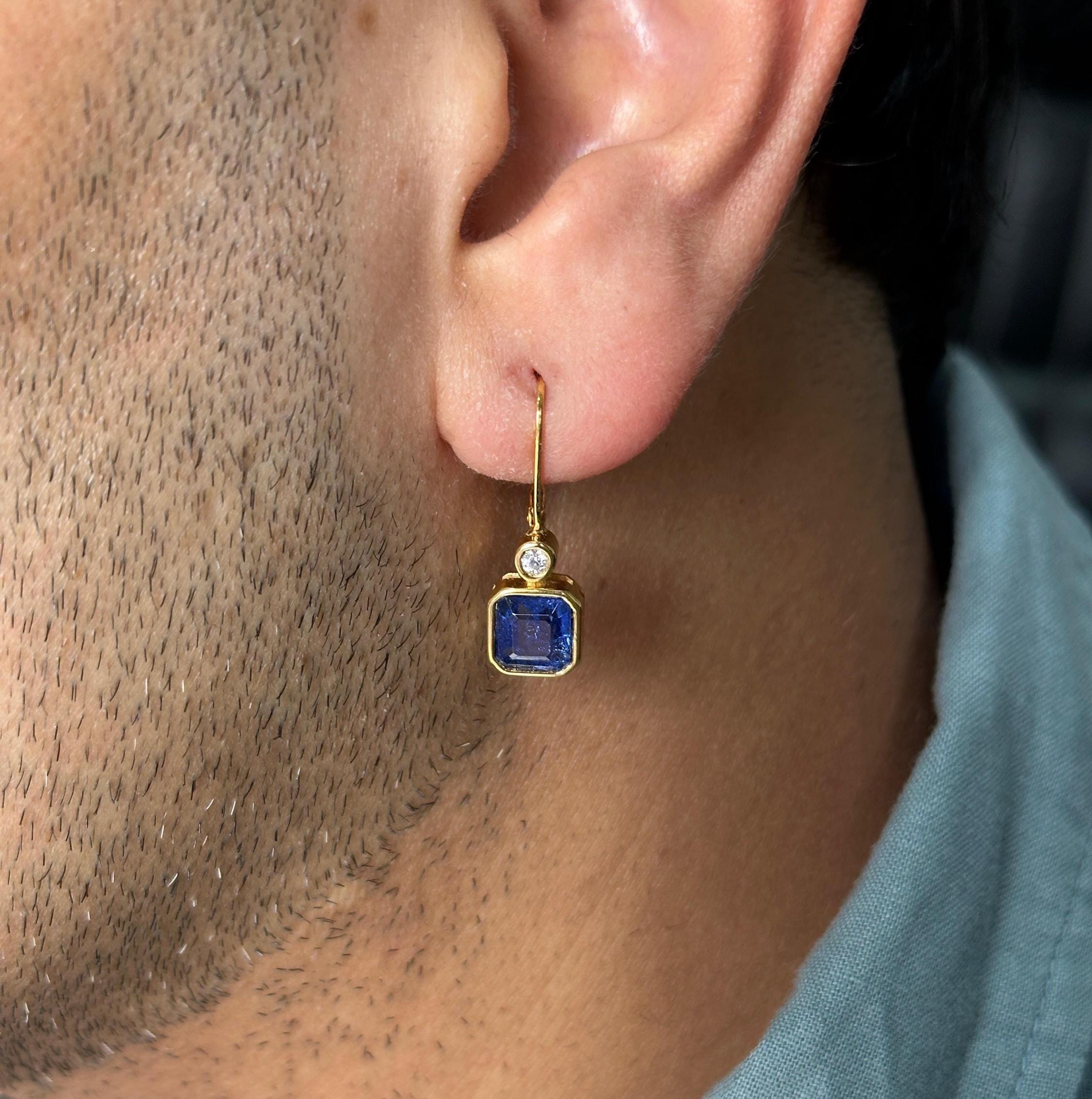 14K Gold Sapphire Diamond Earrings, Bezel Set Asscher Cut Lever Back Earrings