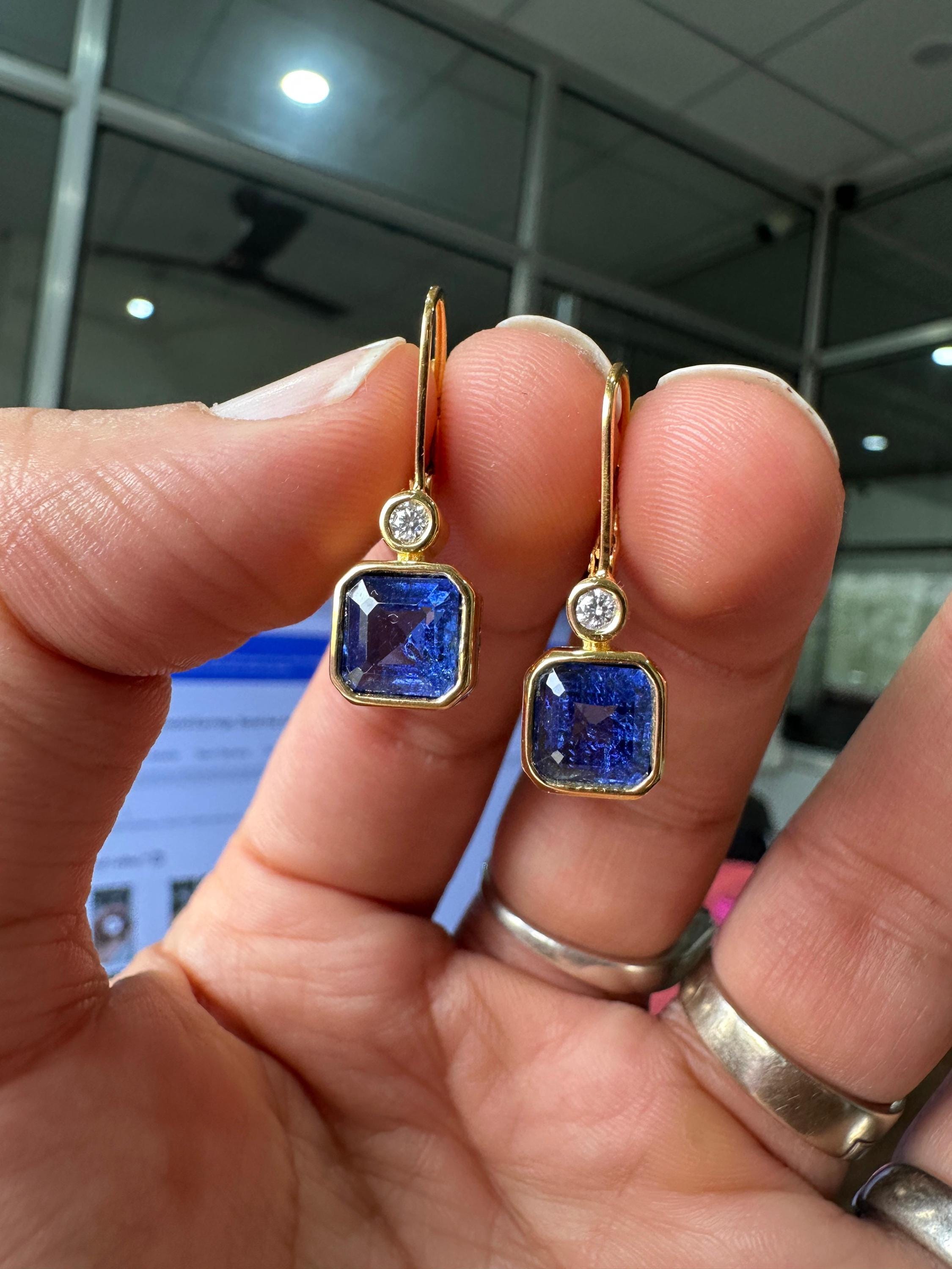 14k Yellow Gold Sapphire Lever Back Earrings, Luxury Anniversary Gifts for her