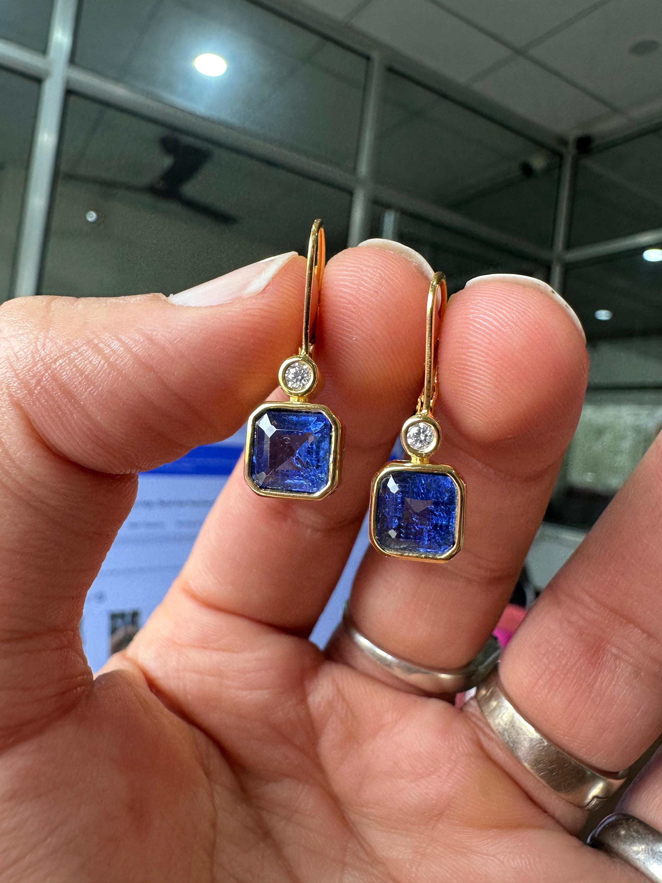 14k Yellow Gold Sapphire Lever Back Earrings, Luxury Anniversary Gifts for her