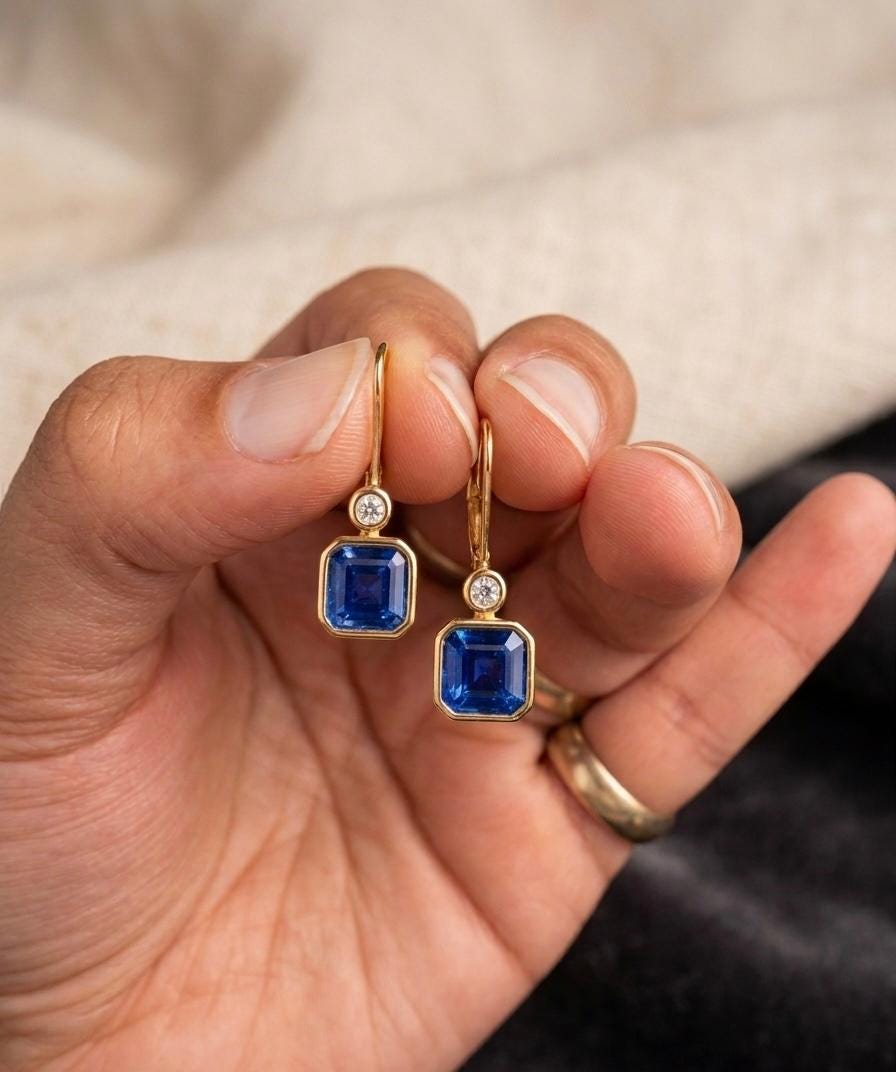 14k Yellow Gold Sapphire Lever Back Earrings, Luxury Anniversary Gifts for her