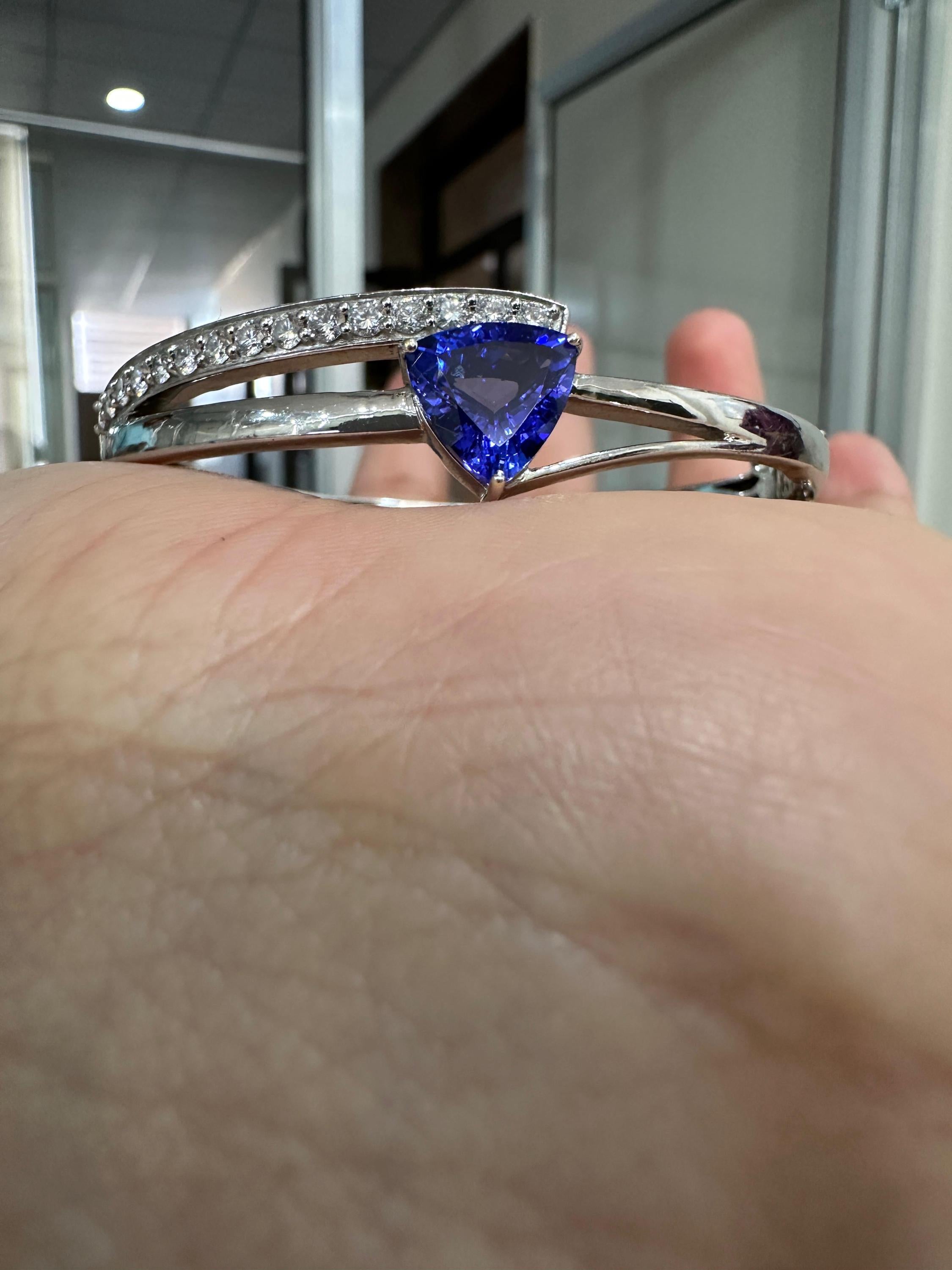 Custom made Trillion Tanzanite Diamond Bangle Bracelet 14K White Gold, Luxurious Jewelry gift