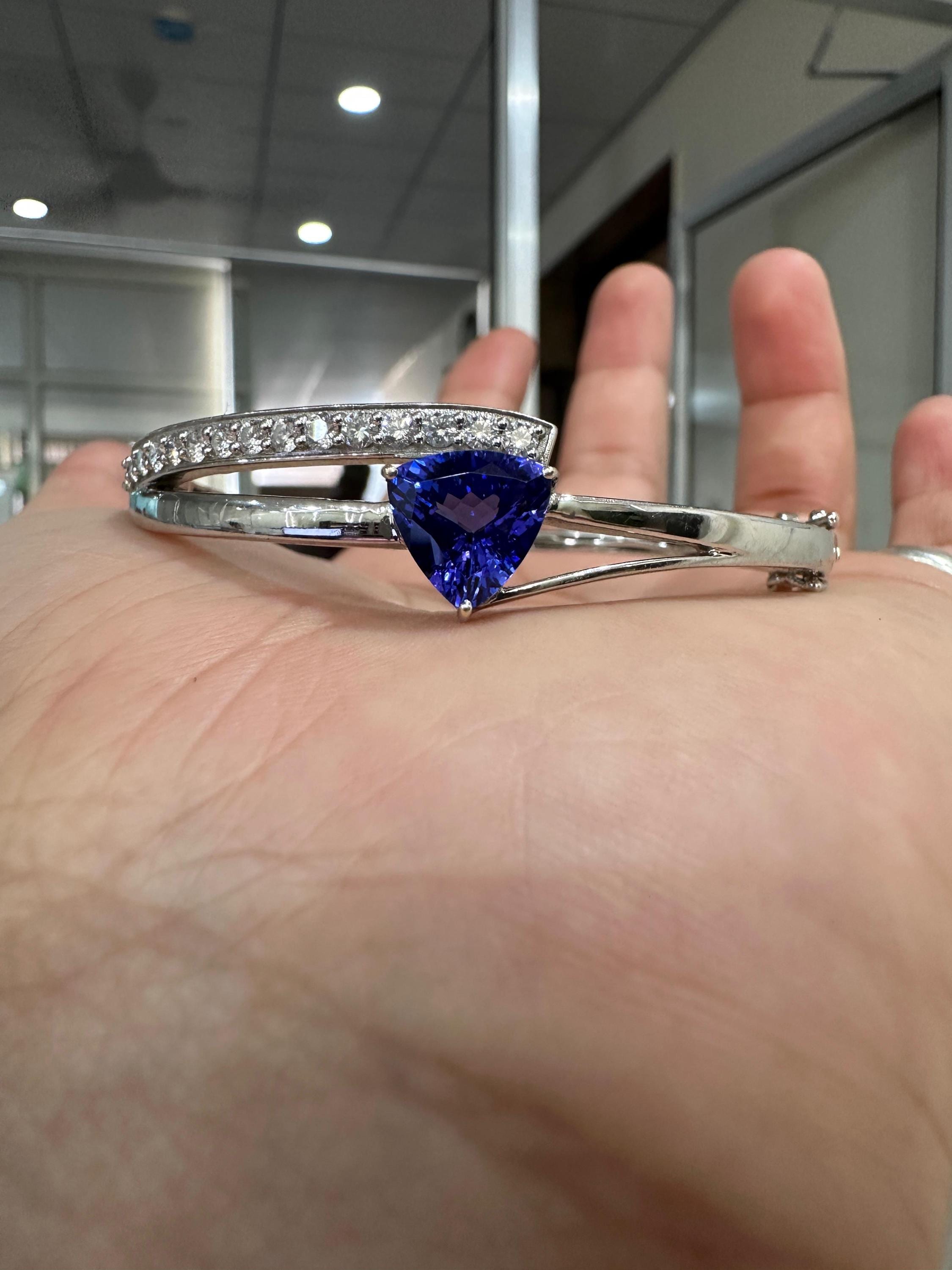 Custom made Trillion Tanzanite Diamond Bangle Bracelet 14K White Gold, Luxurious Jewelry gift