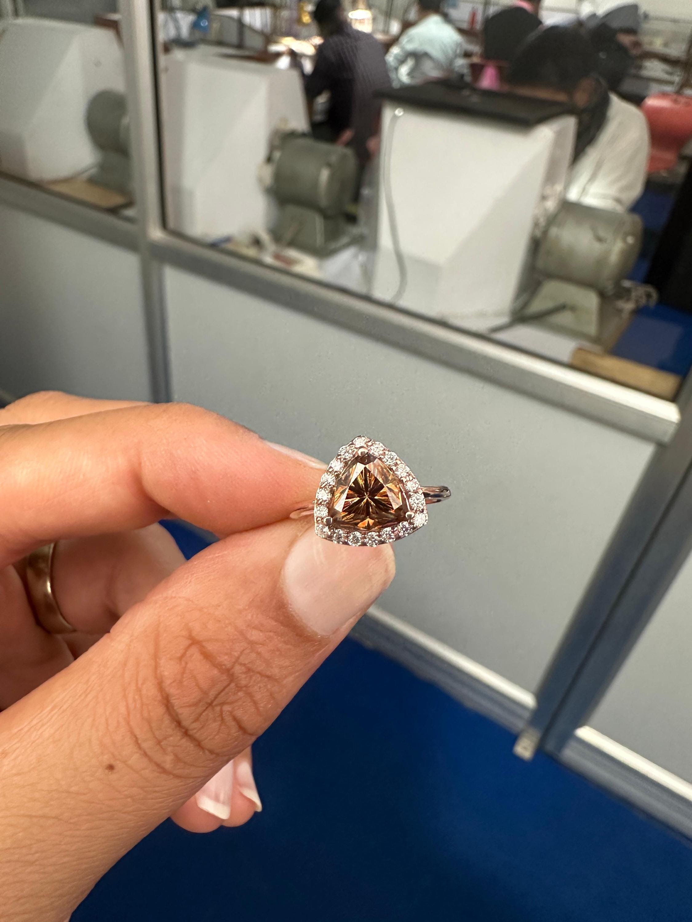 Champagne Trillion Shape Moissanite Halo Engagement Ring | 14k Rose Gold Finish