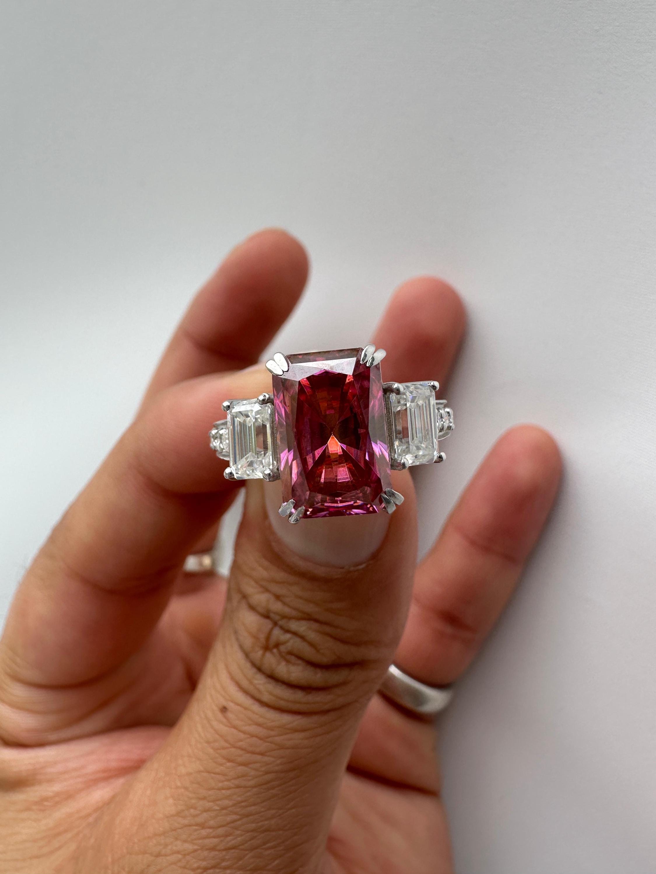 Pink Emerald Cut Moissanite Three Stone Ring | 14K White Gold Engagement Ring