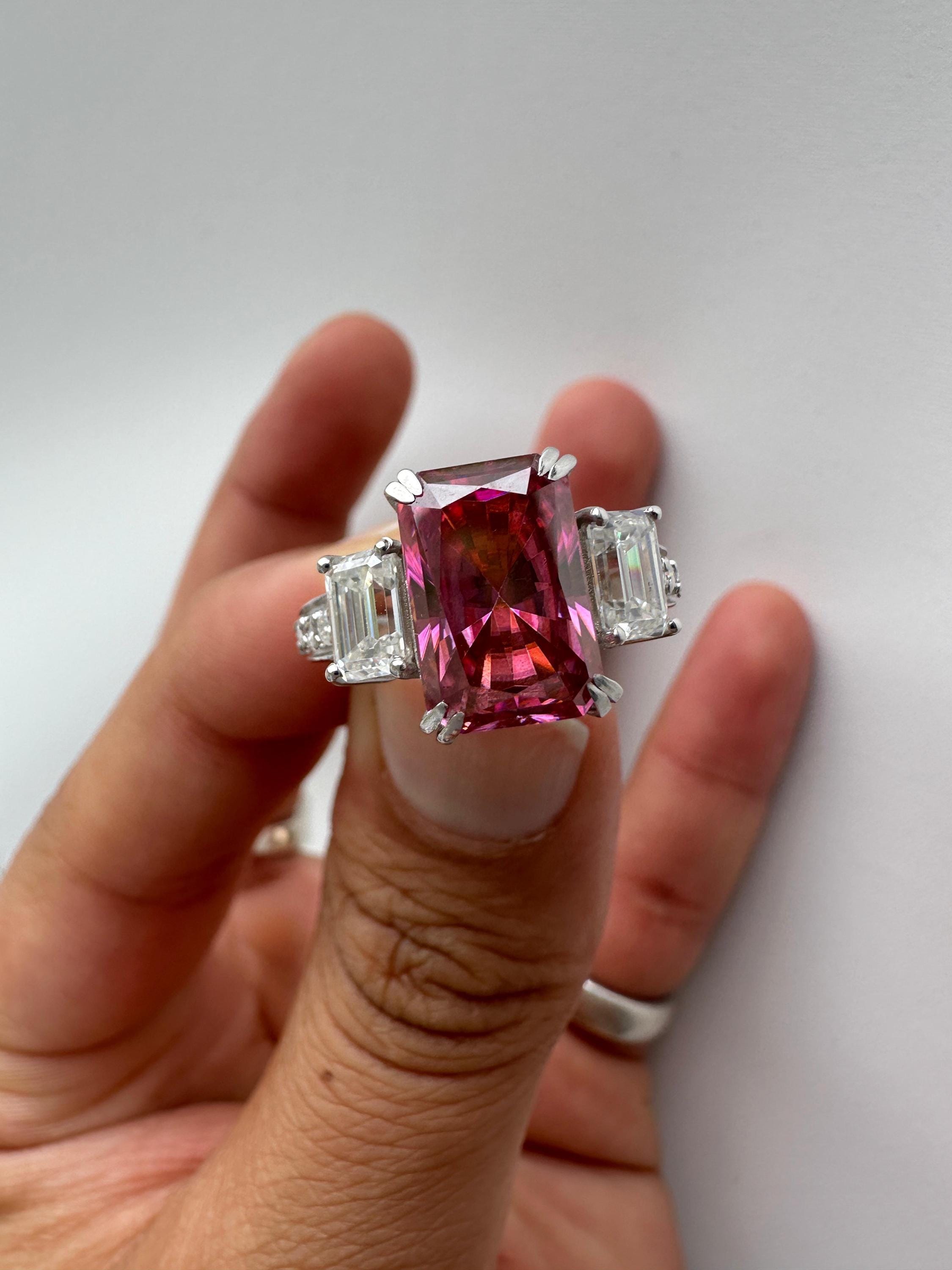 Pink Emerald Cut Moissanite Three Stone Ring | 14K White Gold Engagement Ring