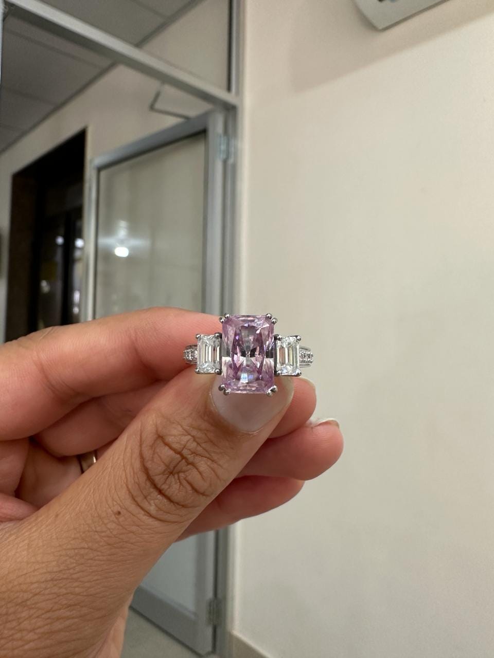 Radiant Lavender Moissanite Engagement Ring | 5 Carat Three Stone 10K White Gold Ring