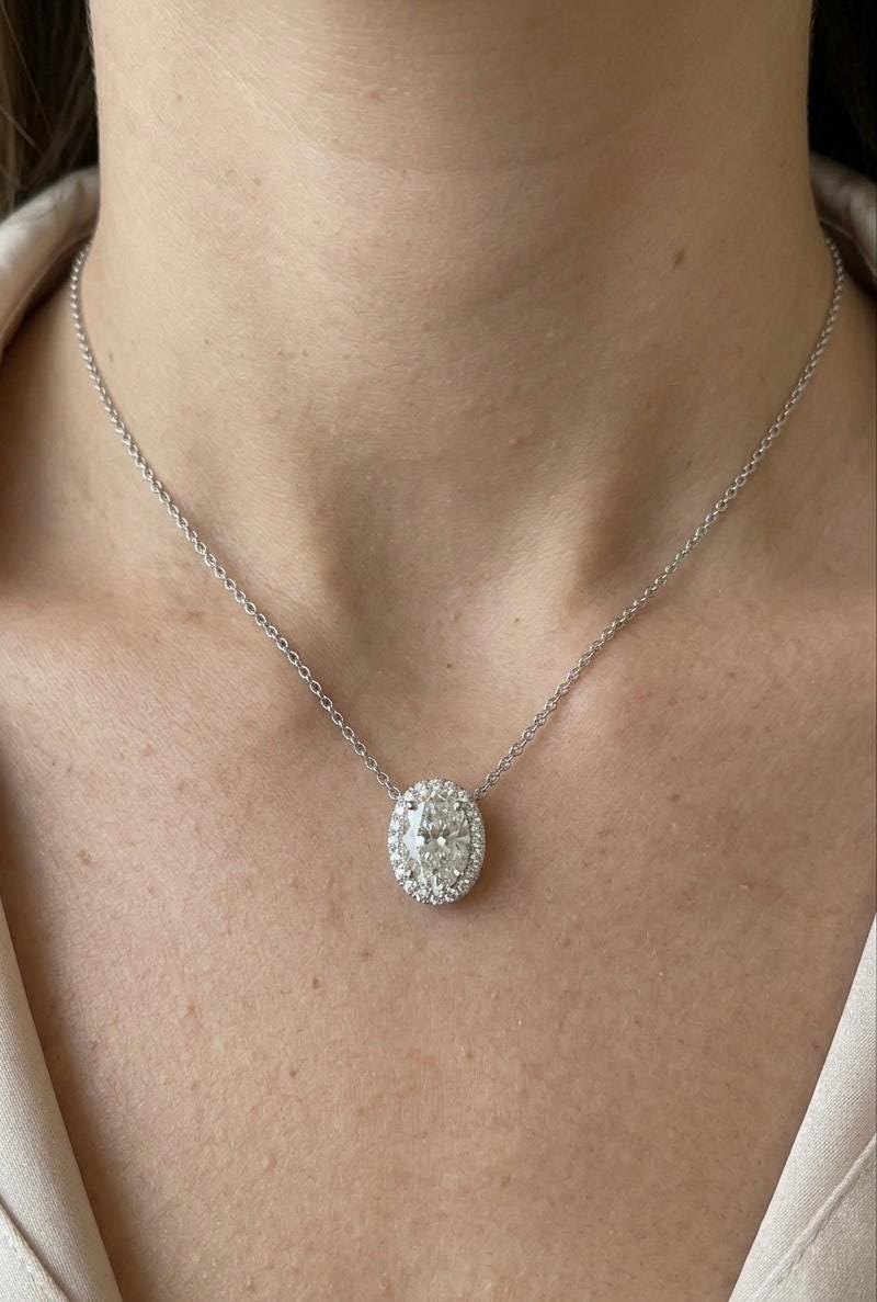 Oval Lab Diamond Halo Pendant | 14K White Gold, 3 CT IGI Certified