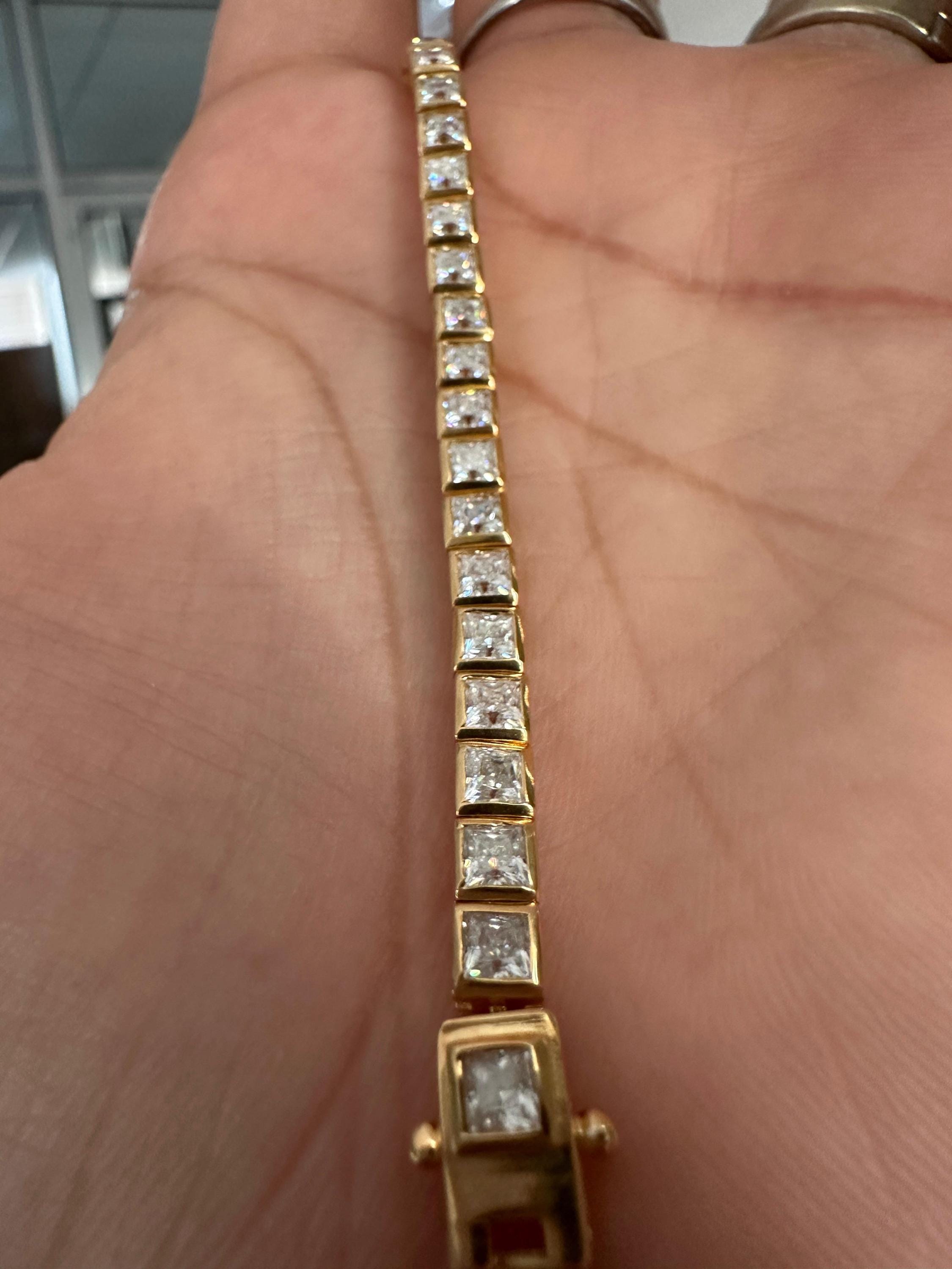 Princess Cut Moissanite Tennis Bracelet, 14K Yellow Gold Plated Bezel Setting