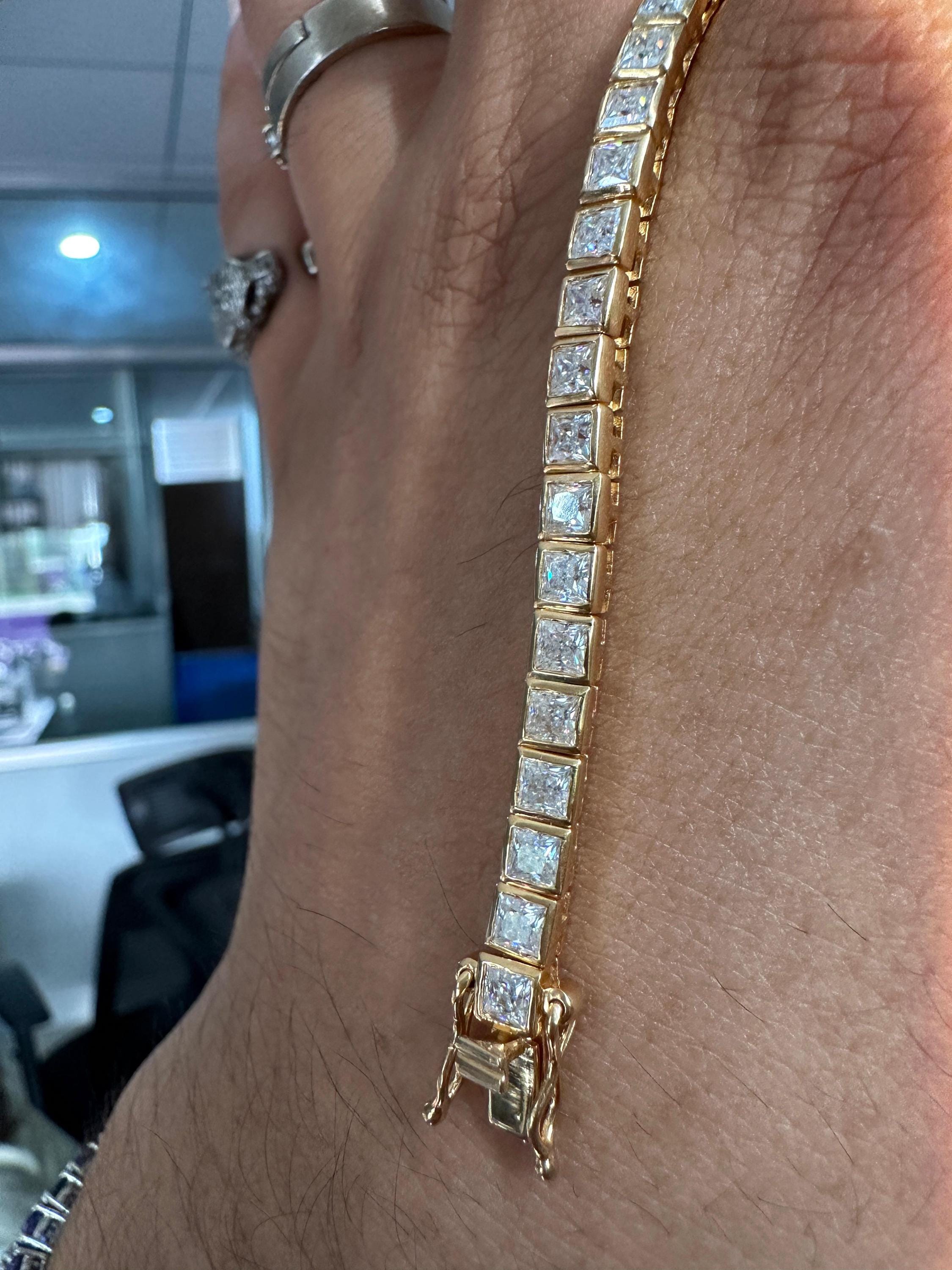 Princess Cut Moissanite Tennis Bracelet, 14K Yellow Gold Plated Bezel Setting