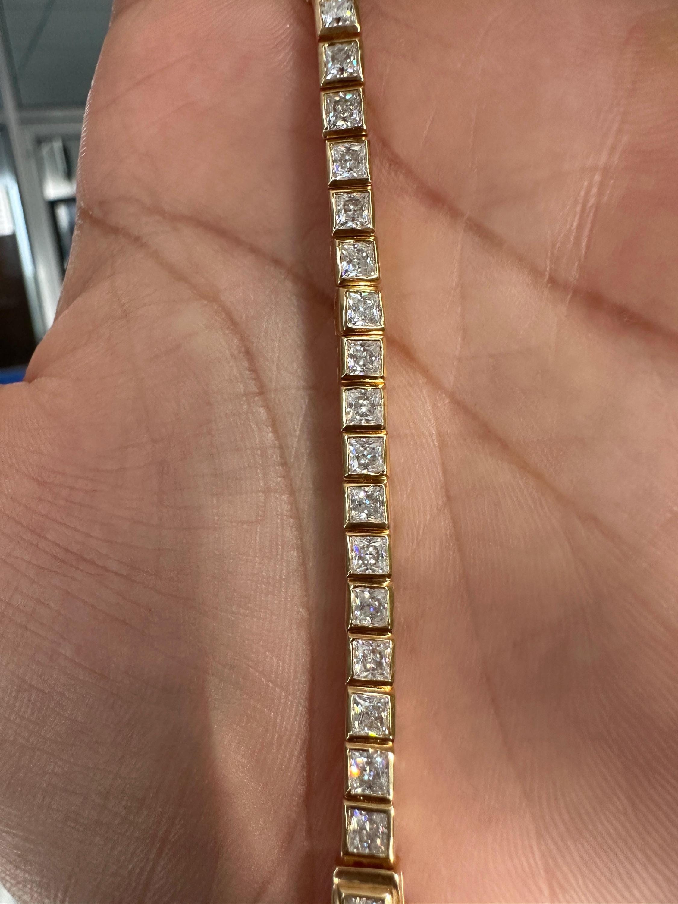 Princess Cut Moissanite Tennis Bracelet, 14K Yellow Gold Plated Bezel Setting