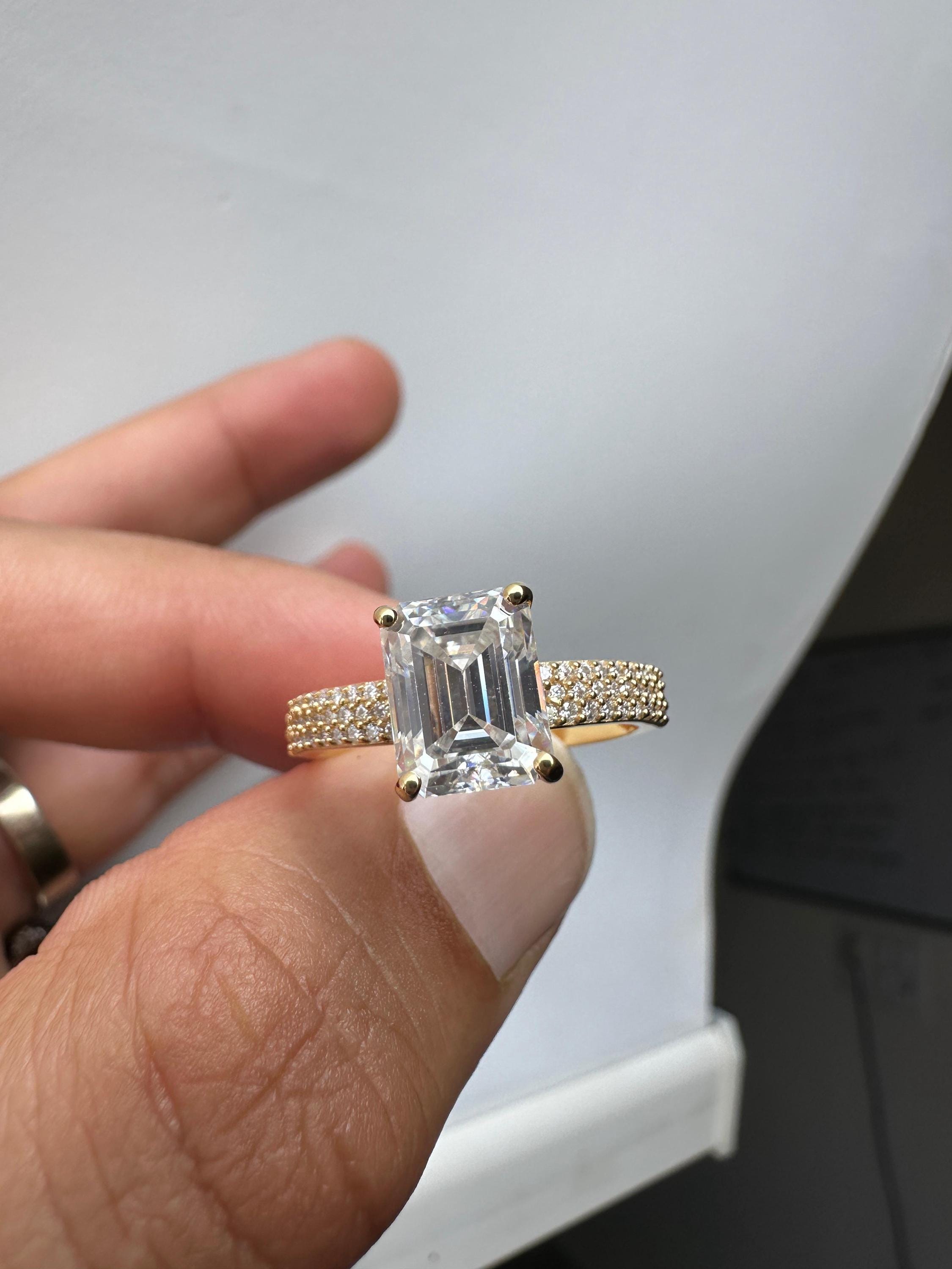 2 CT Emerald Cut Lab Diamond Ring | 14K Gold Triple Pave Engagement Band