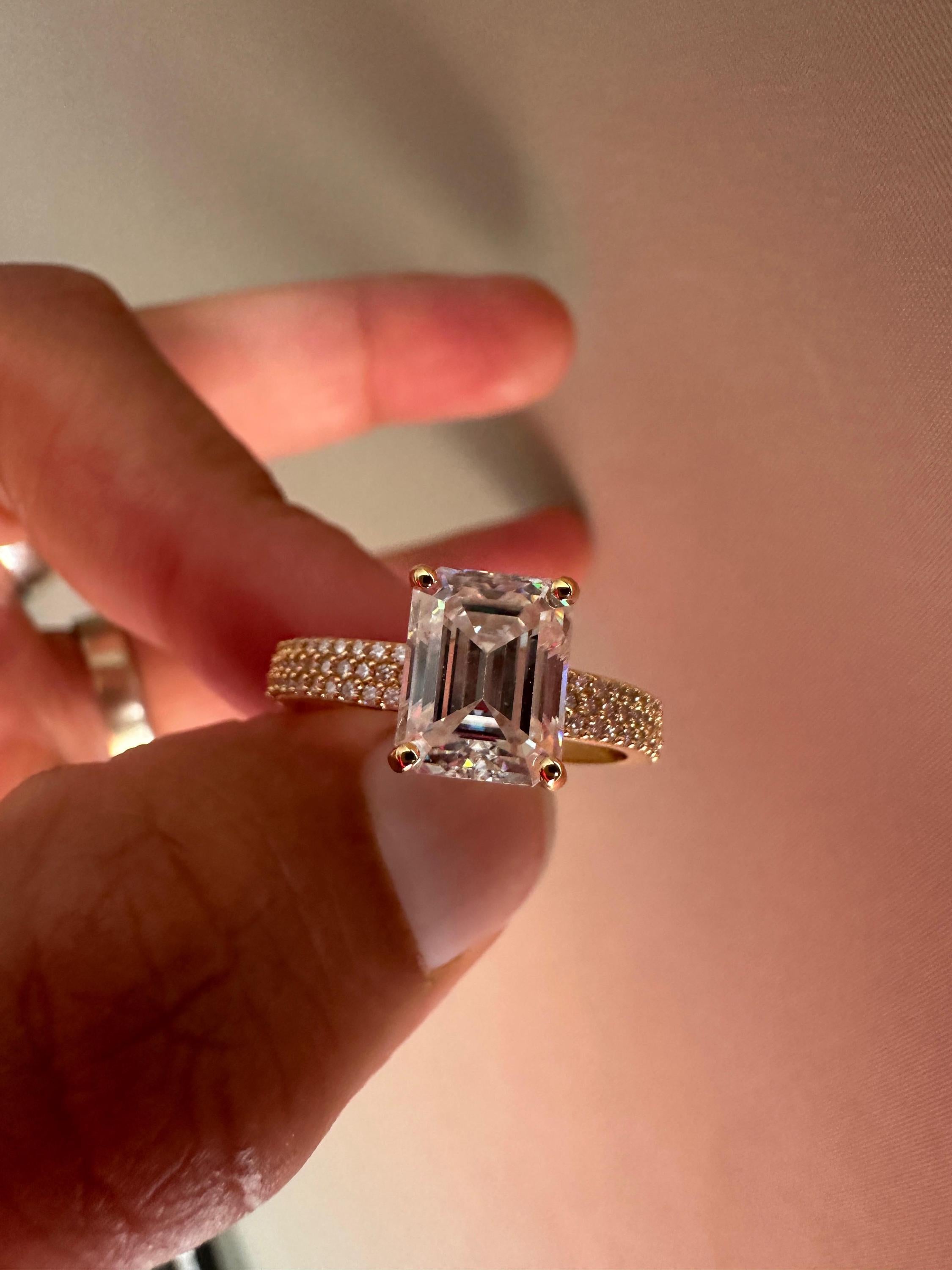 2 CT Emerald Cut Lab Diamond Ring | 14K Gold Triple Pave Engagement Band