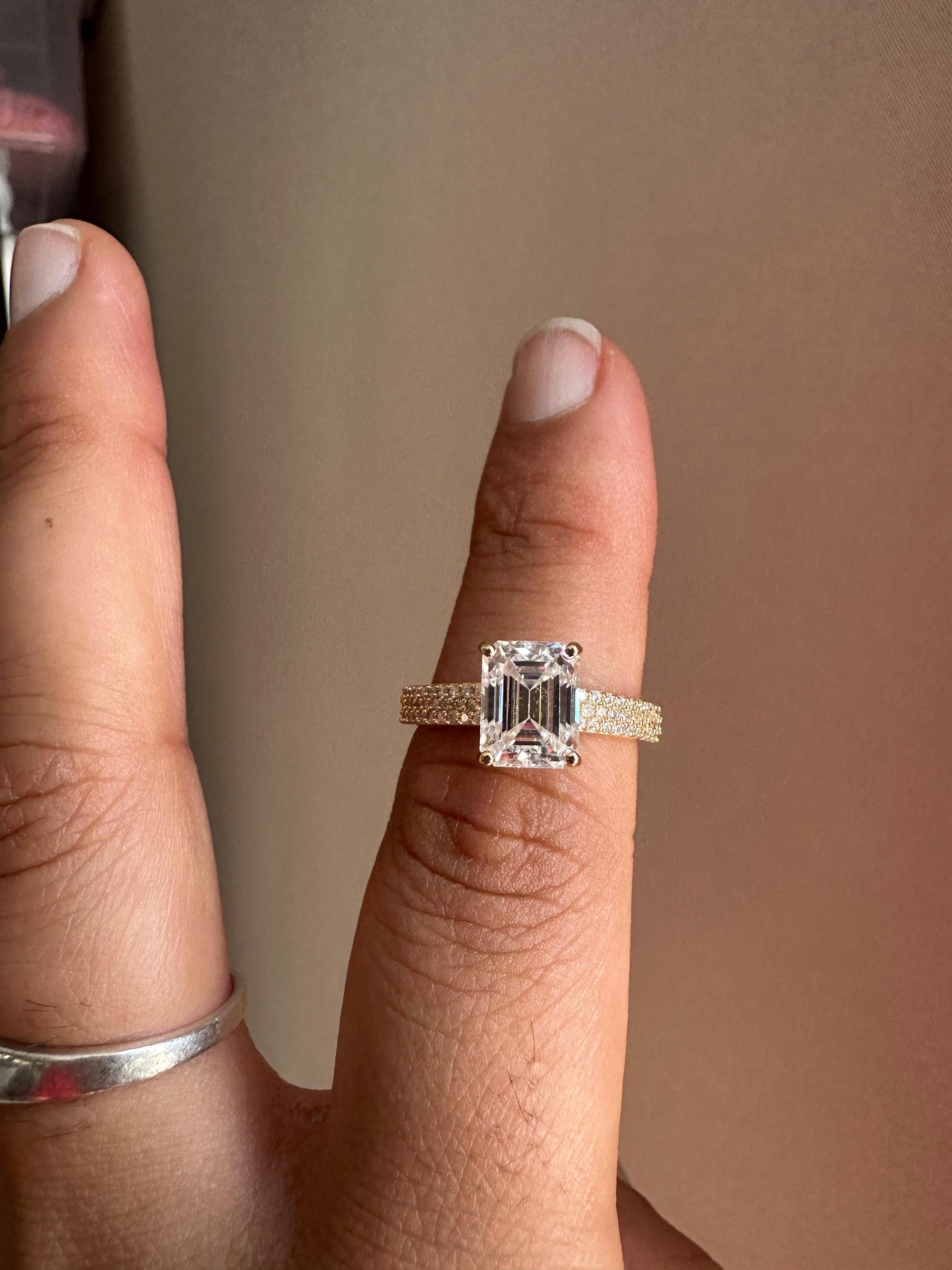 2 CT Emerald Cut Lab Diamond Ring | 14K Gold Triple Pave Engagement Band