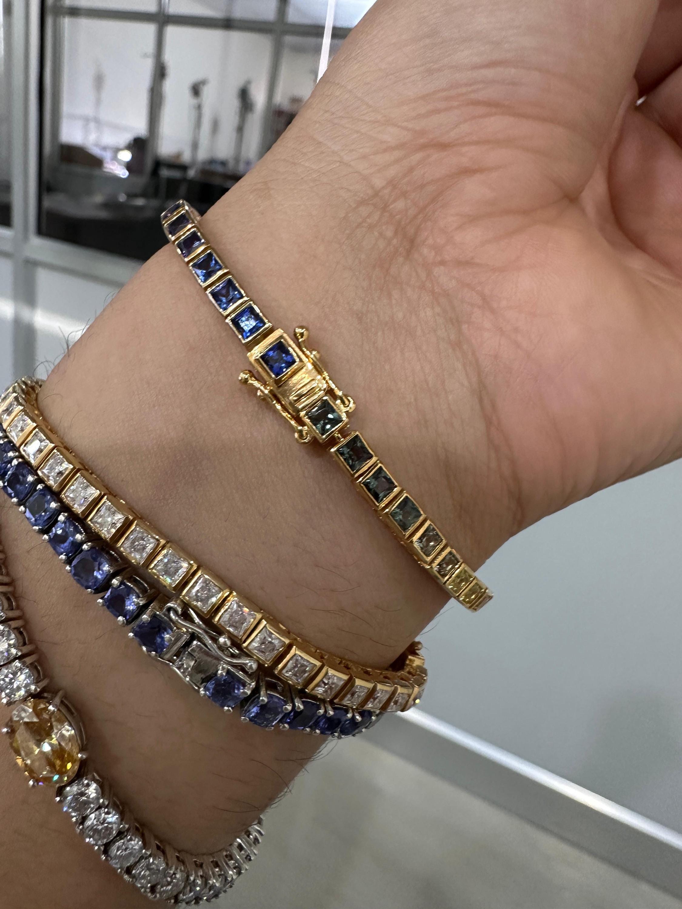 Rainbow Tourmaline Tennis Bracelet | Princess Cut 8 CT Gold Finish Bezel Set bracelet