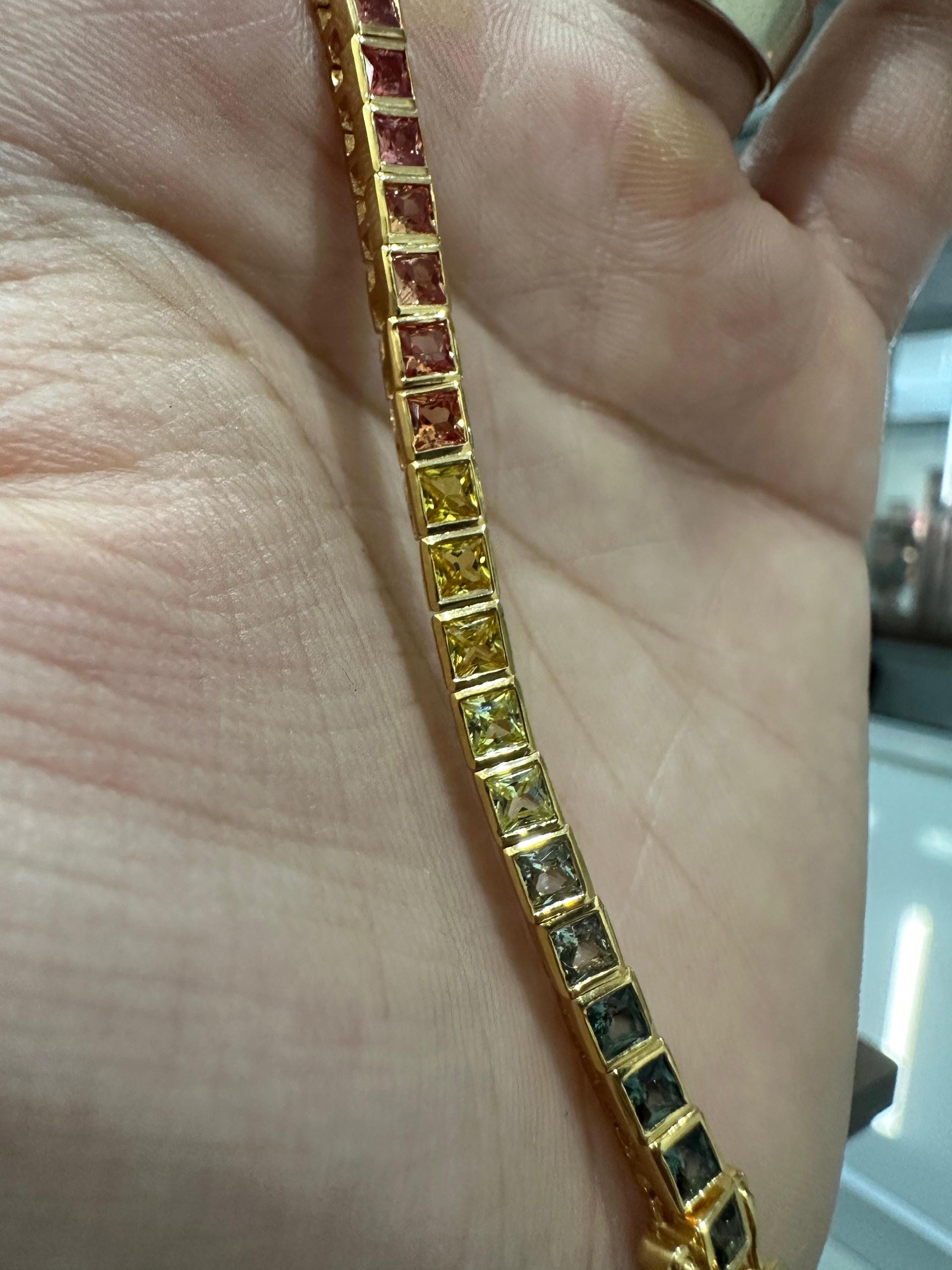 Rainbow Tourmaline Tennis Bracelet | Princess Cut 8 CT Gold Finish Bezel Set bracelet