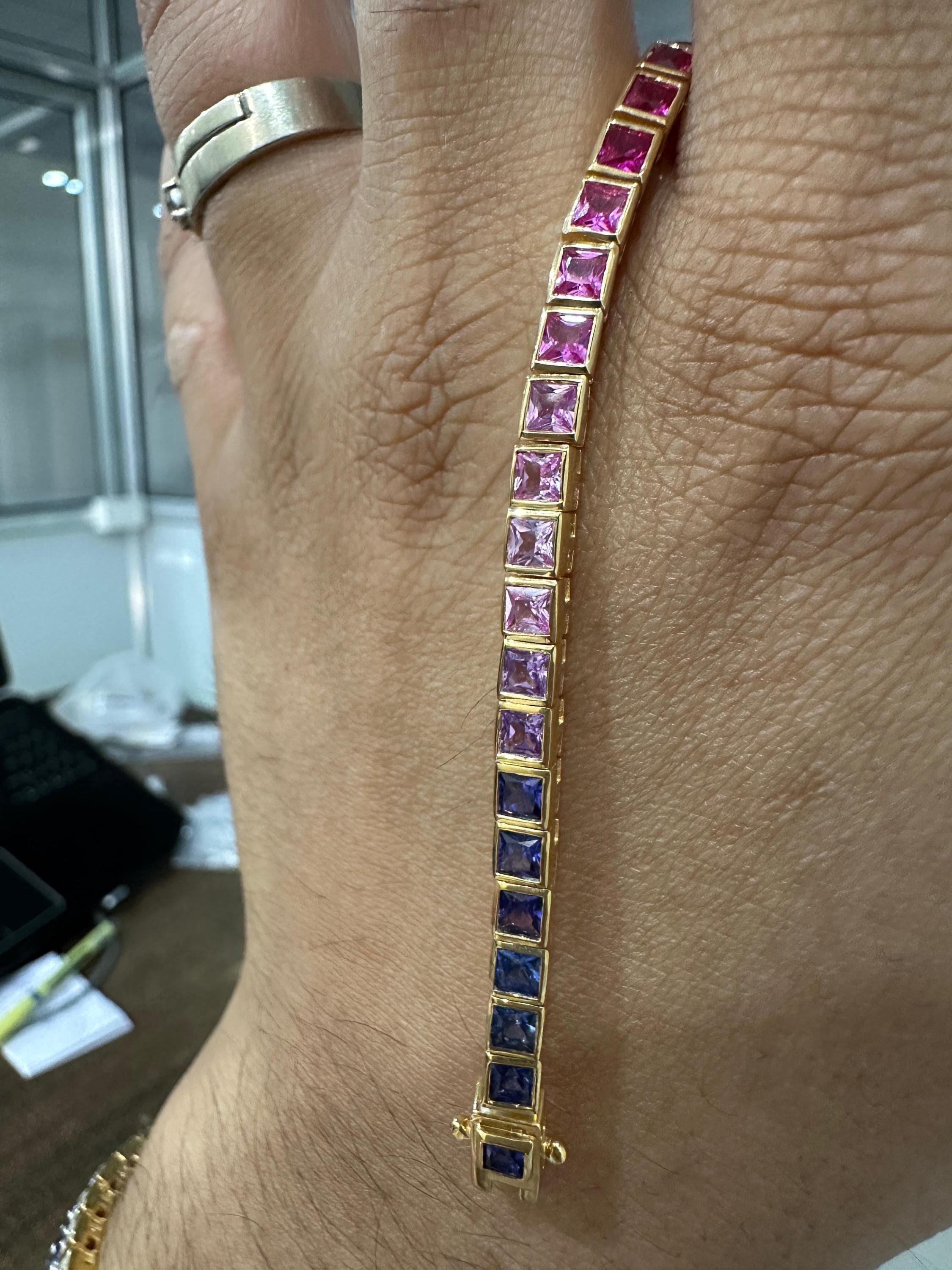 Rainbow Tourmaline Tennis Bracelet | Princess Cut 8 CT Gold Finish Bezel Set bracelet