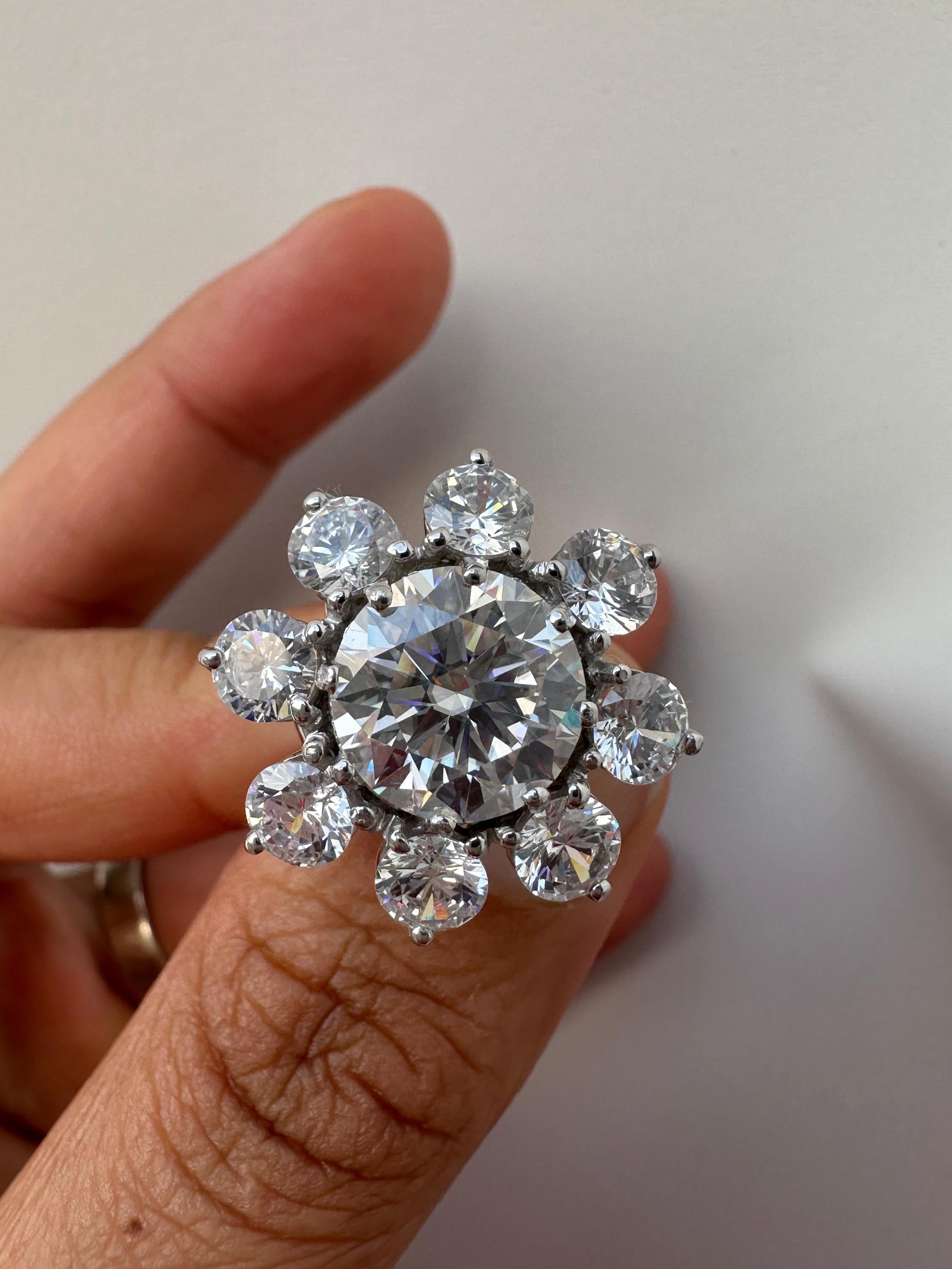 14K White Gold Moissanite Flower Ring | Diamond Look Cluster Statement Ring