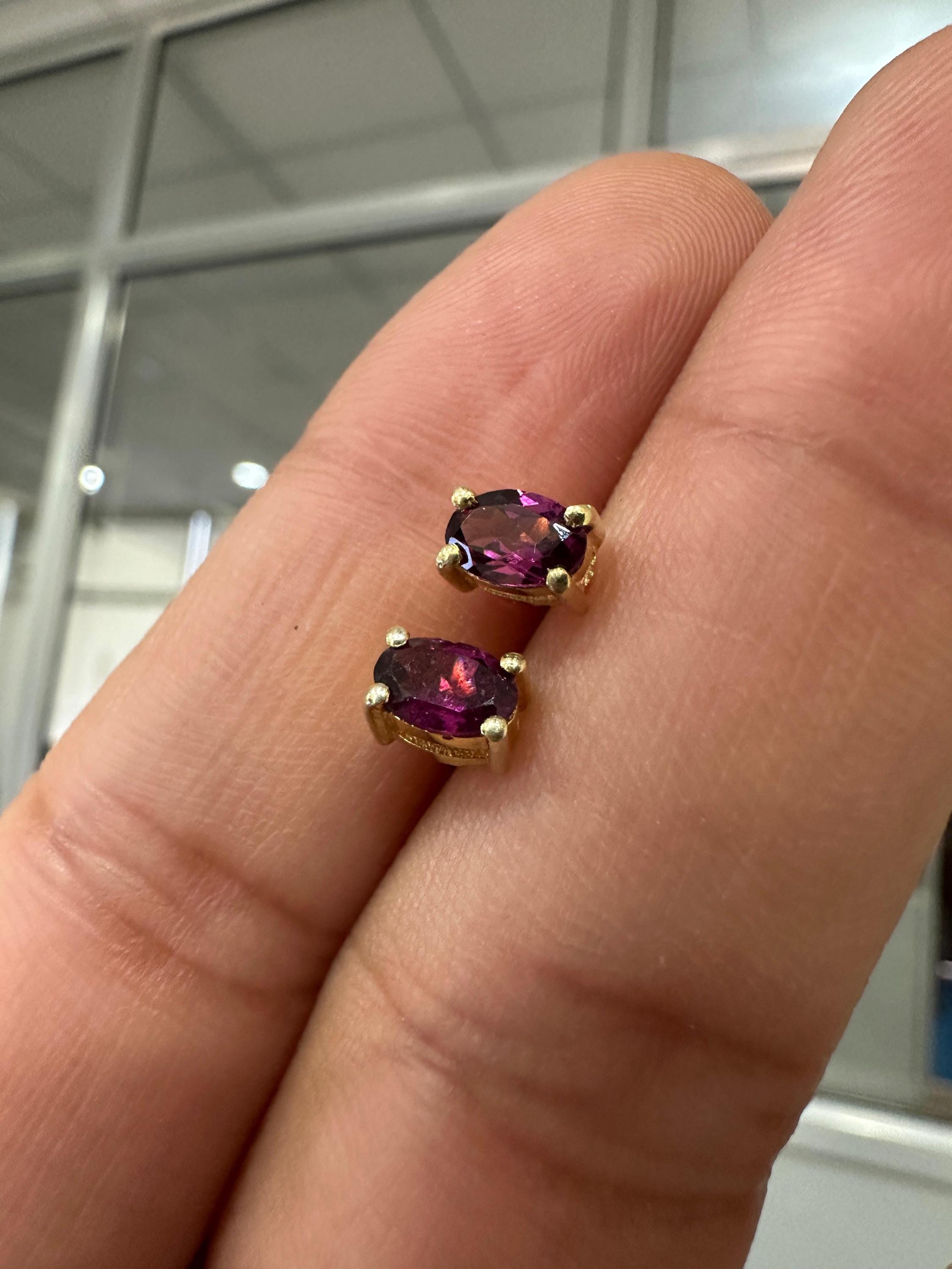 Rhodolite Garnet Oval Stud Earrings | 14K Yellow Gold, 1 CT Red Gemstone Minimalist Jewelry