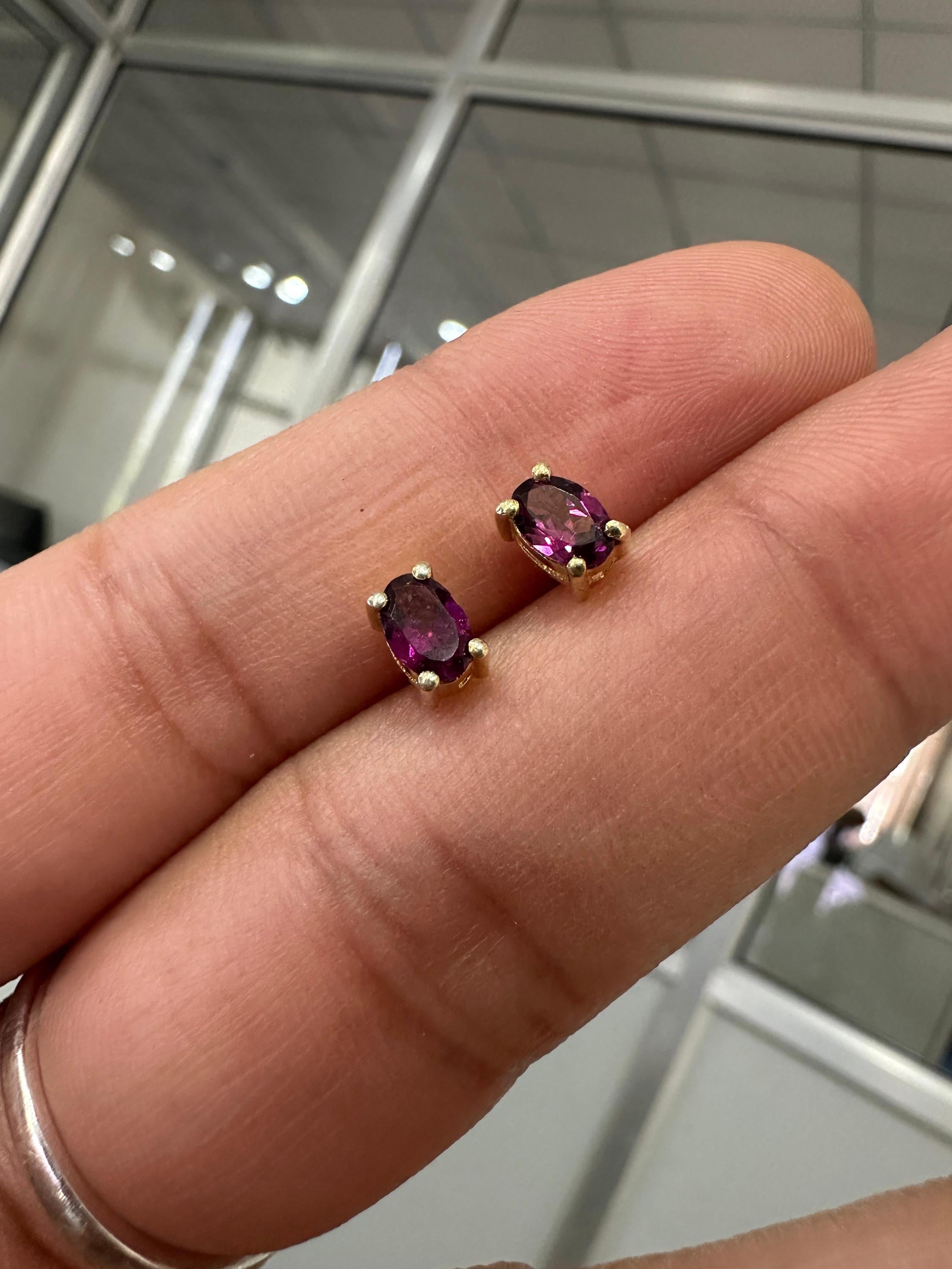 Rhodolite Garnet Oval Stud Earrings | 14K Yellow Gold, 1 CT Red Gemstone Minimalist Jewelry