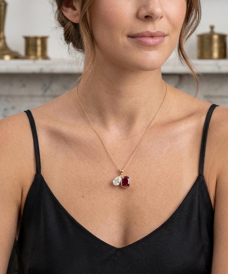 Toi Et Moi Garnet Diamond Pendant | 14K Gold Necklace, Birthstone Jewelry